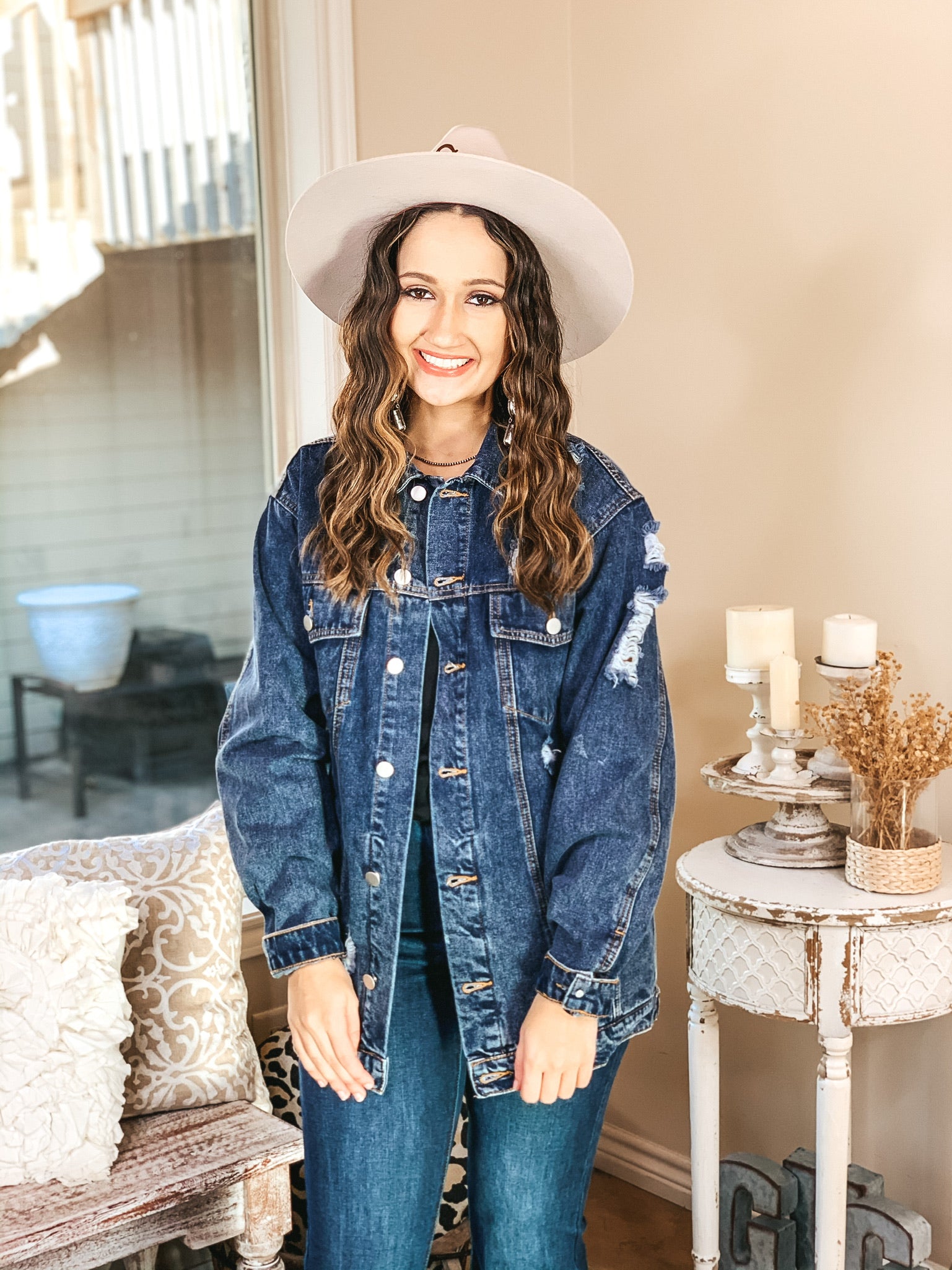 On The Road Distressed Button Up Denim Jacket in Dark Wash - Giddy Up Glamour Boutique