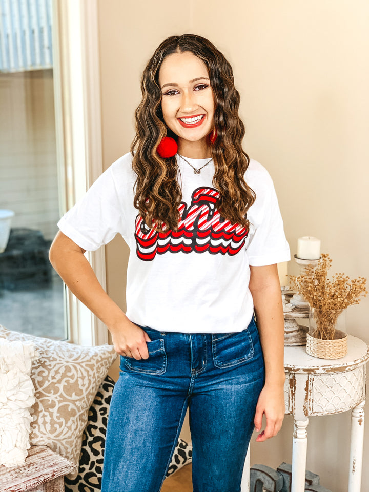 Candy Cane Stripe Retro Santa Graphic Tee in White - Giddy Up Glamour Boutique