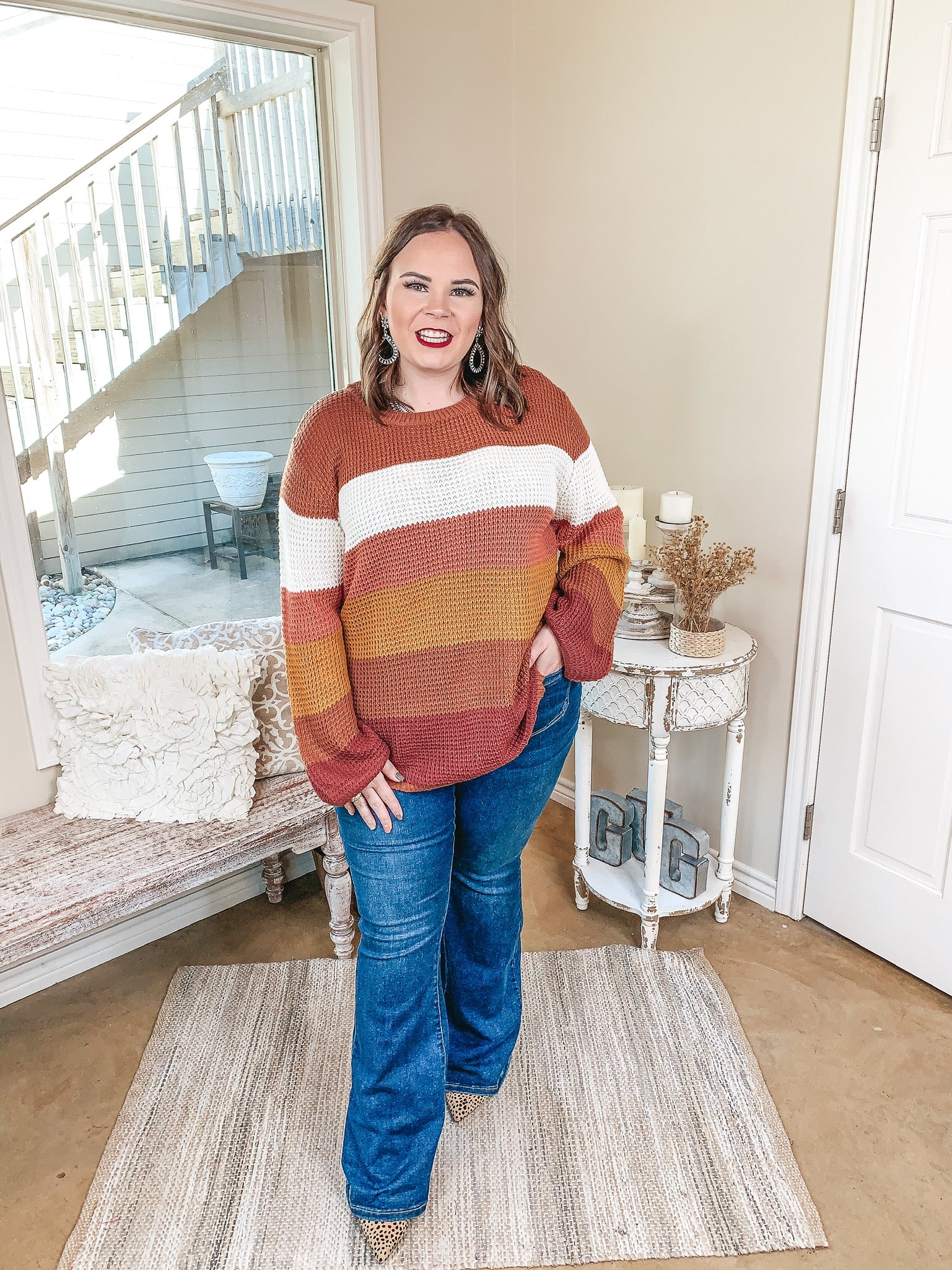 Choosing Cozy Striped Long Sleeve Bubble Sleeve Sweater in Rust Mix - Giddy Up Glamour Boutique