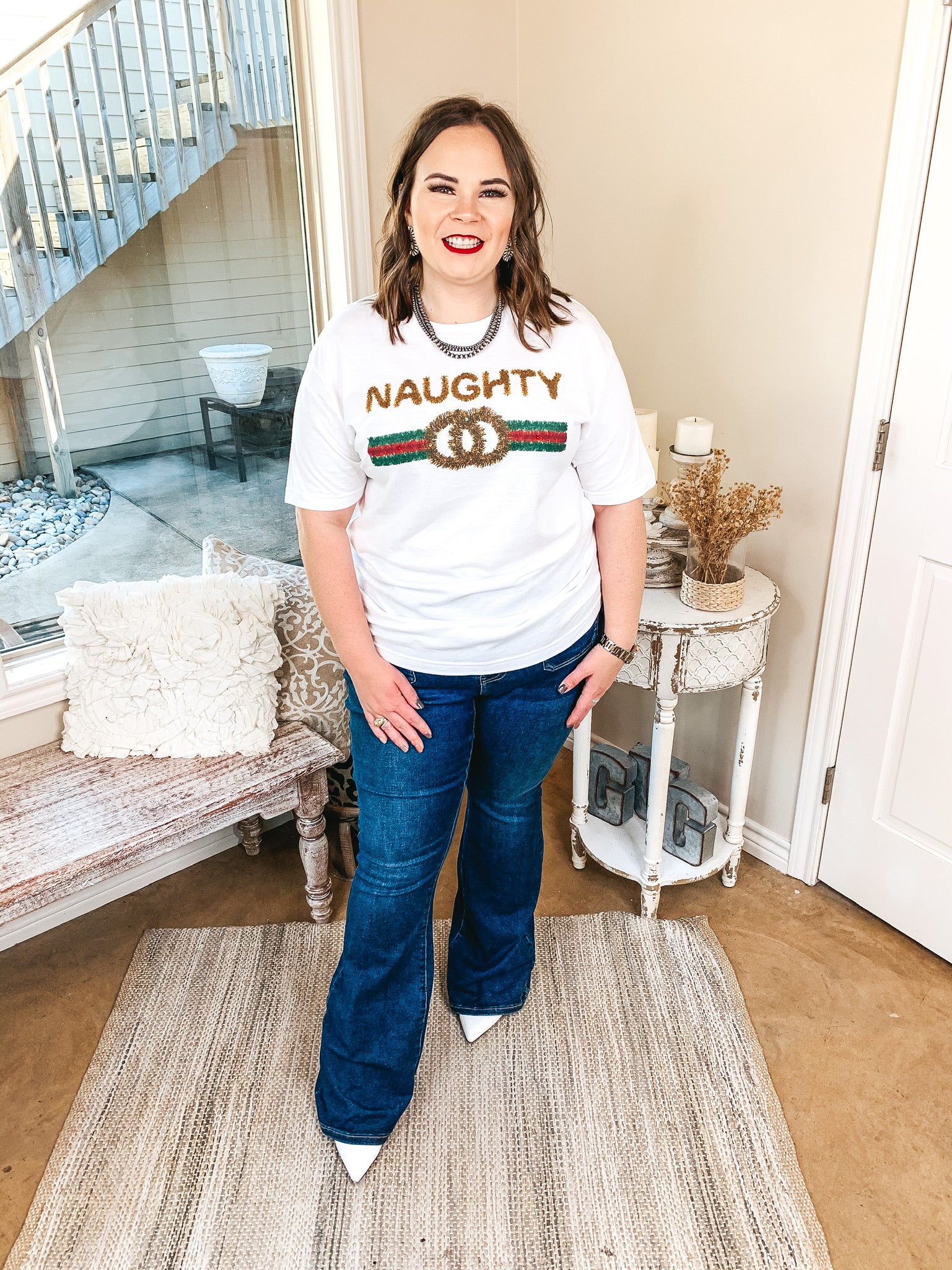 Naughty Gold Tinsel Graphic Tee in White - Giddy Up Glamour Boutique