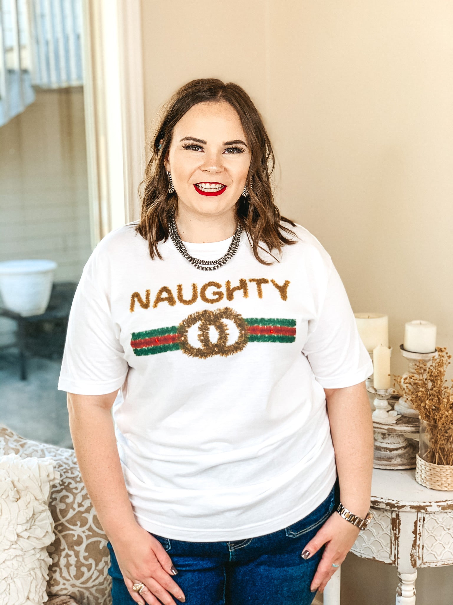 Naughty Gold Tinsel Graphic Tee in White - Giddy Up Glamour Boutique