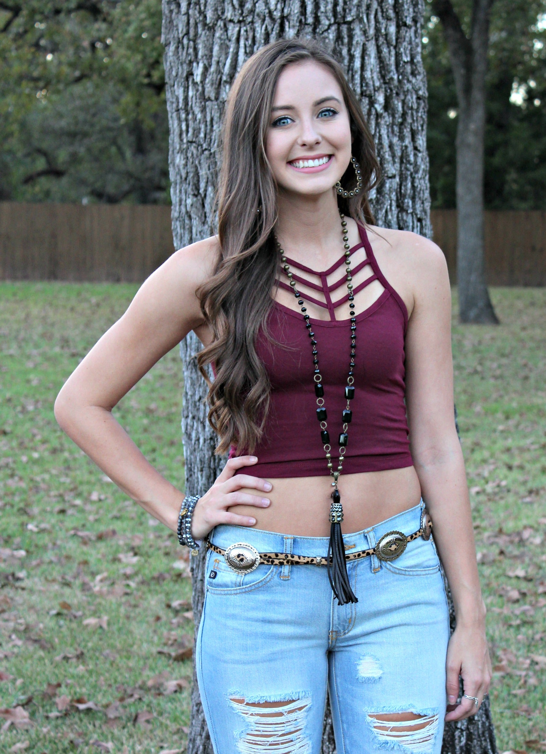 Leading Edge Caged Crop Top in Maroon - Giddy Up Glamour Boutique