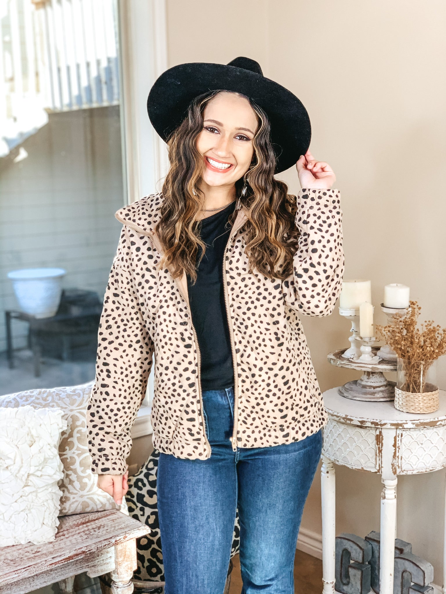 Snowy Sundays Dotted Zip Up Puffer Jacket in Taupe - Giddy Up Glamour Boutique