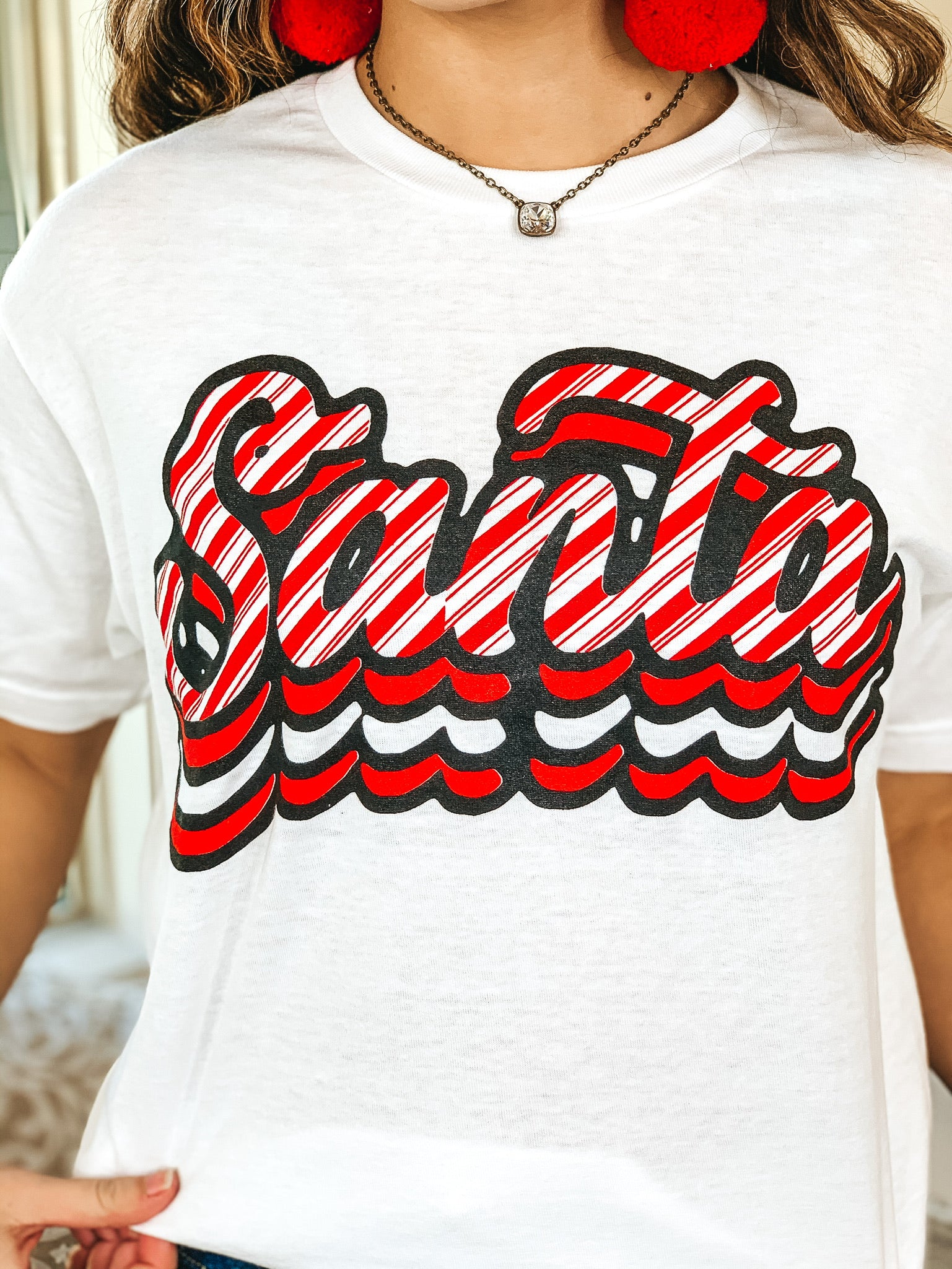 Candy Cane Stripe Retro Santa Graphic Tee in White - Giddy Up Glamour Boutique