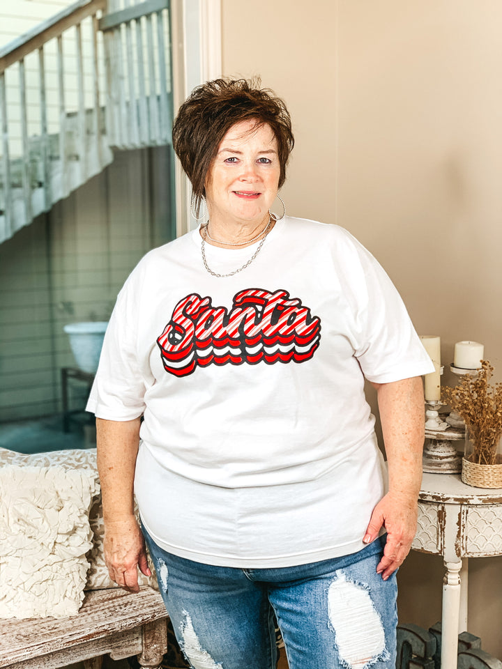 Candy Cane Stripe Retro Santa Graphic Tee in White - Giddy Up Glamour Boutique