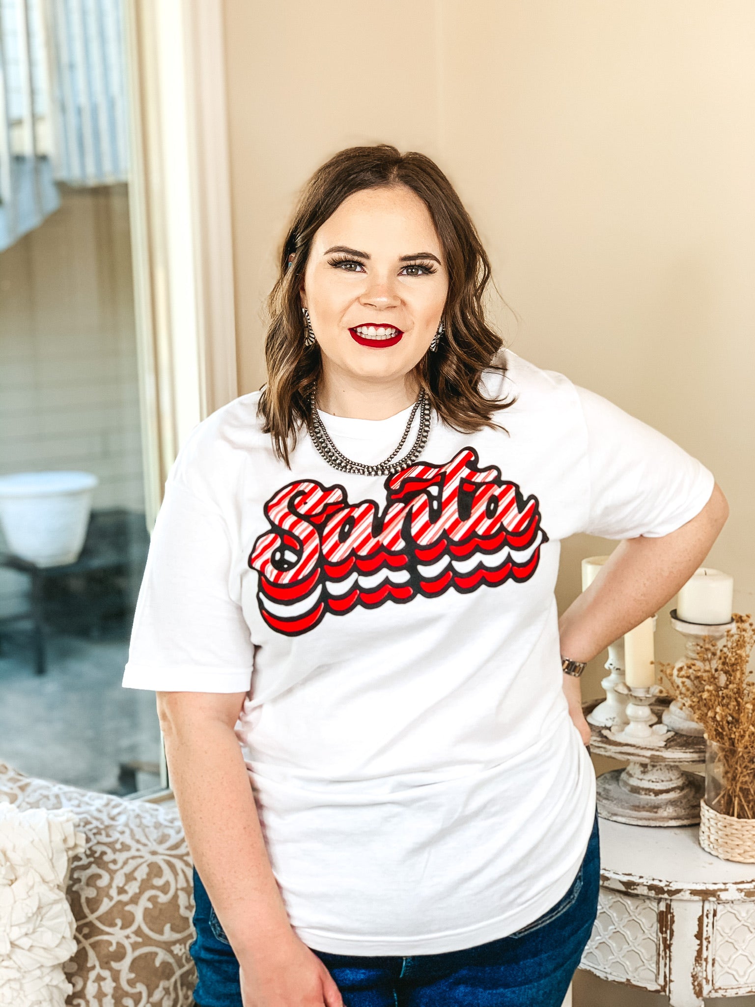Candy Cane Stripe Retro Santa Graphic Tee in White - Giddy Up Glamour Boutique