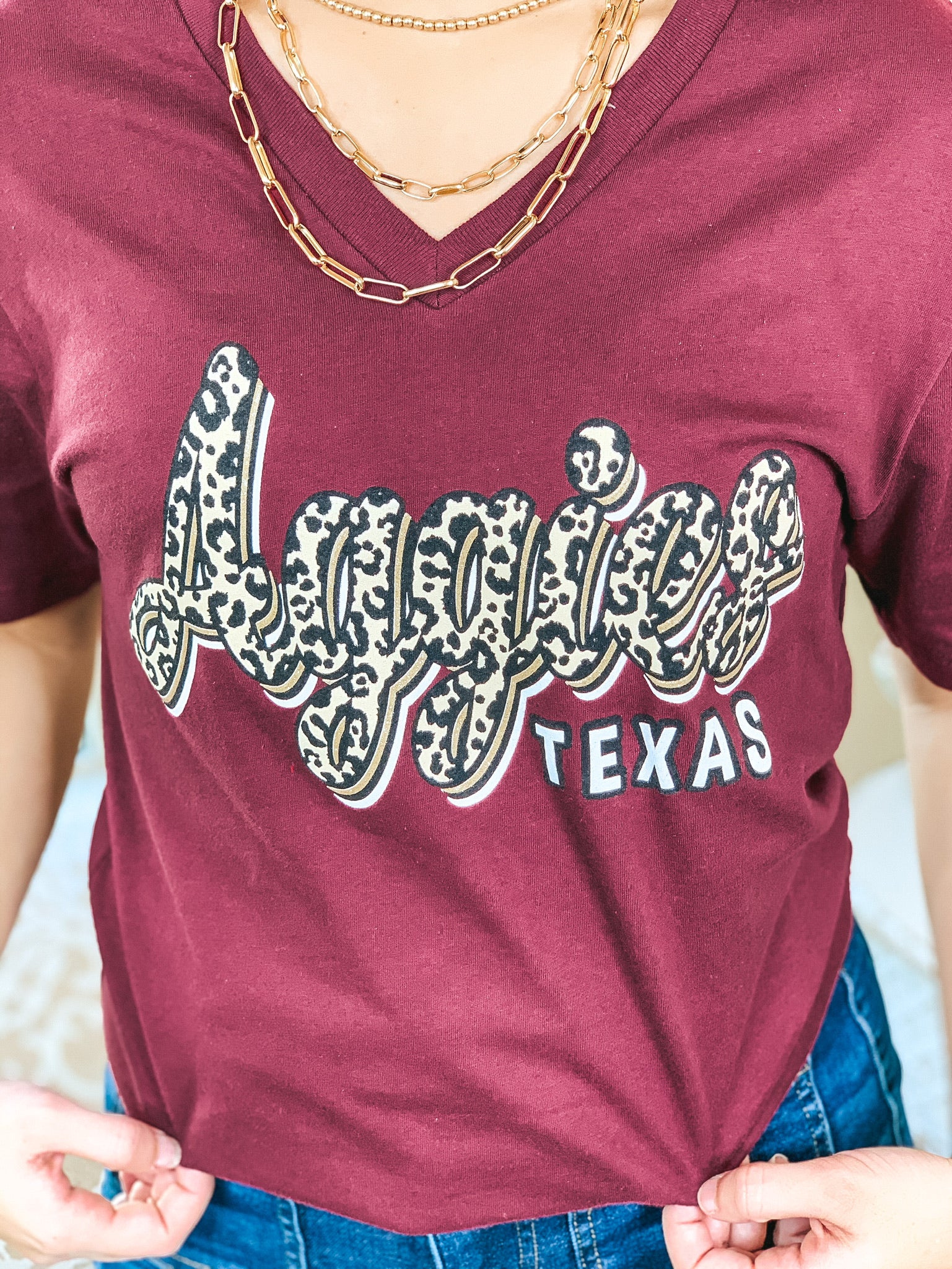 Last Chance Size Small | Aggie Game Day | Leopard Print Texas Aggies V Neck Graphic Tee in Maroon