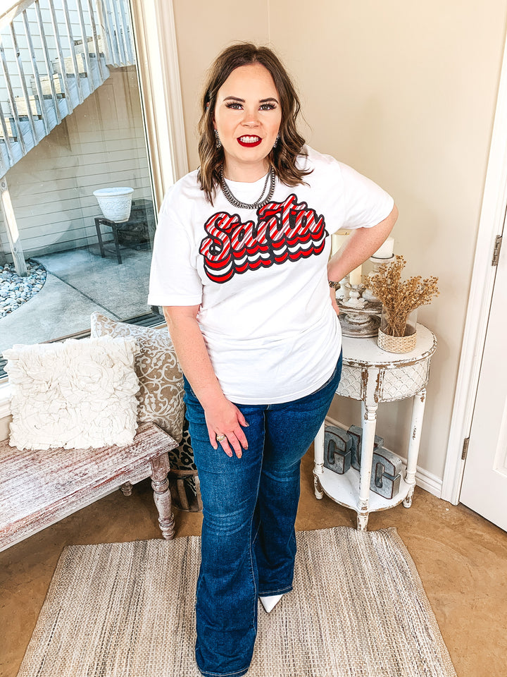 Candy Cane Stripe Retro Santa Graphic Tee in White - Giddy Up Glamour Boutique