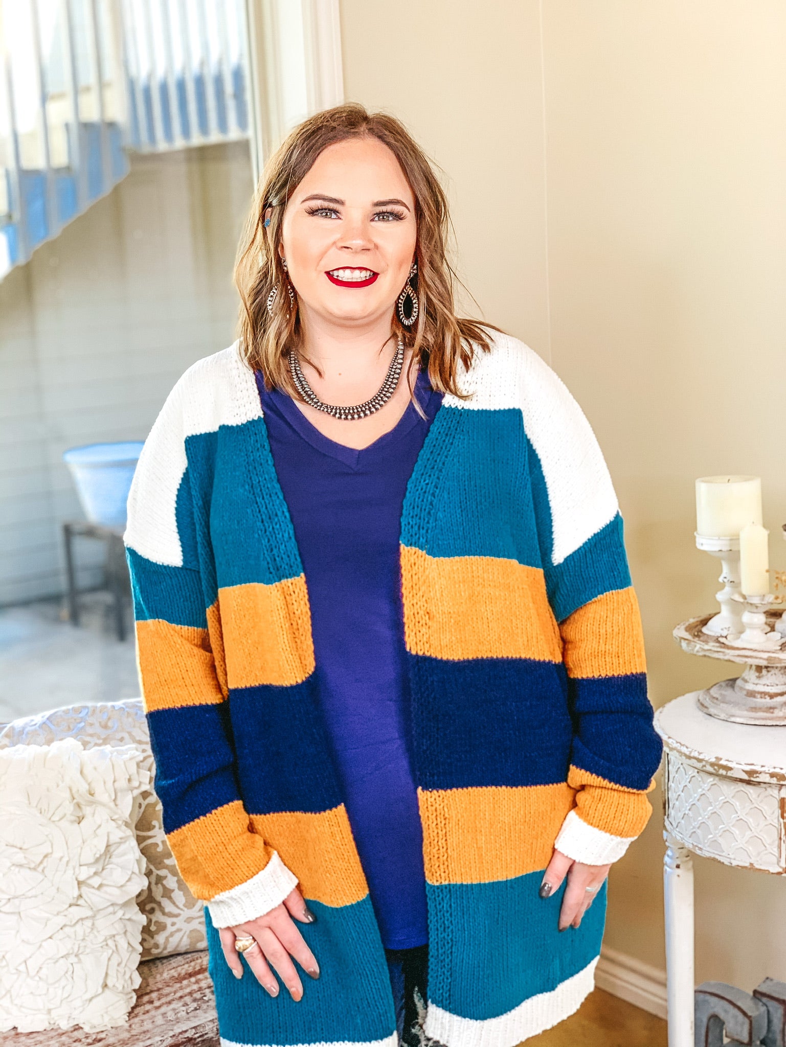 Soft Charm Striped Open Front Cardigan in Teal and Mustard - Giddy Up Glamour Boutique