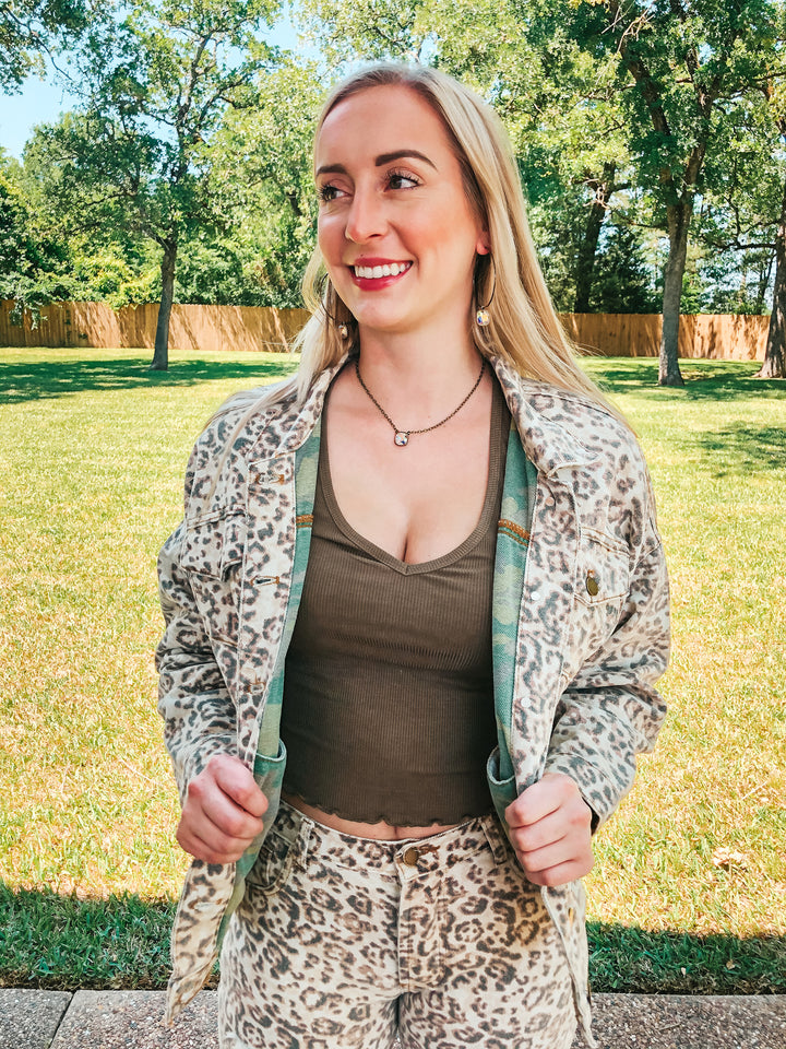 On The Upward Denim Button Up Jacket in Leopard - Giddy Up Glamour Boutique