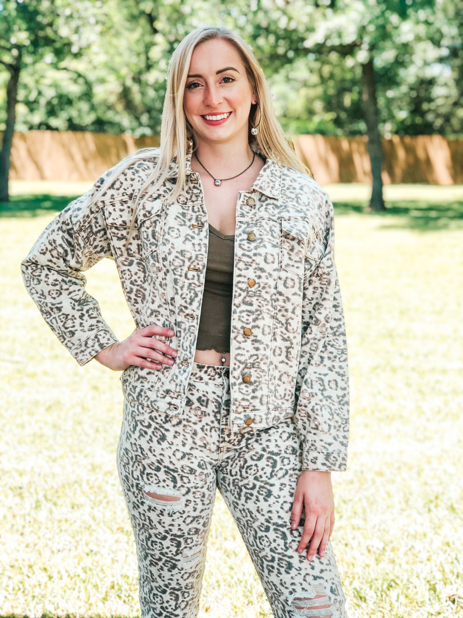 On The Upward Denim Button Up Jacket in Leopard - Giddy Up Glamour Boutique