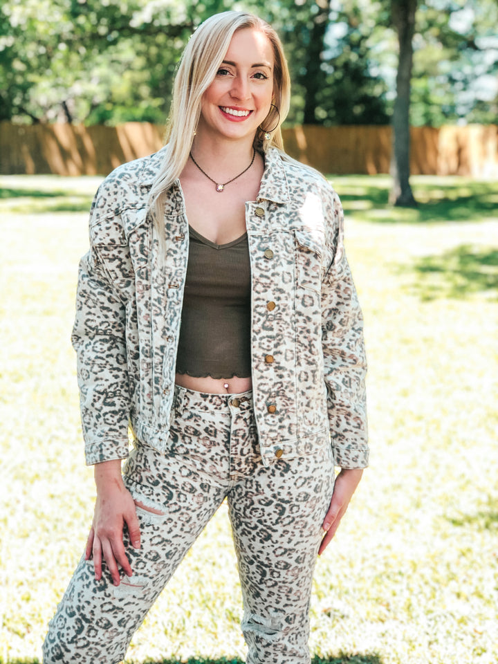 On The Upward Denim Button Up Jacket in Leopard - Giddy Up Glamour Boutique