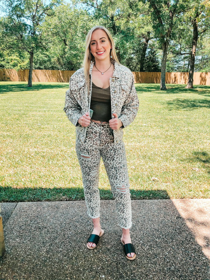 On The Upward Denim Button Up Jacket in Leopard - Giddy Up Glamour Boutique