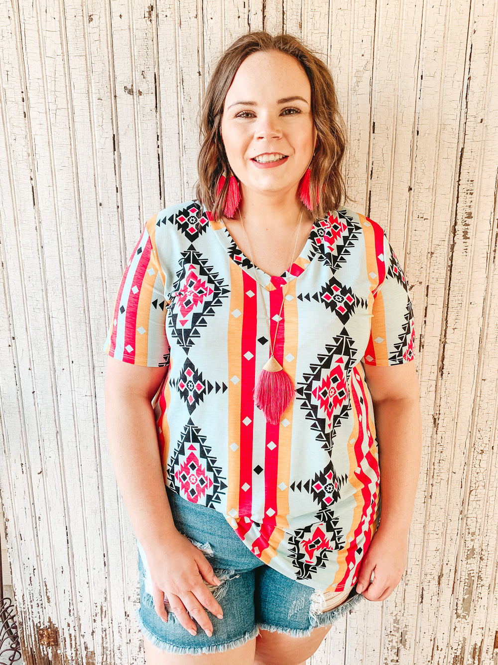 Last Chance Size Small | Keep Things Simple Striped Aztec Print V Neck Tee in Mint and Coral - Giddy Up Glamour Boutique