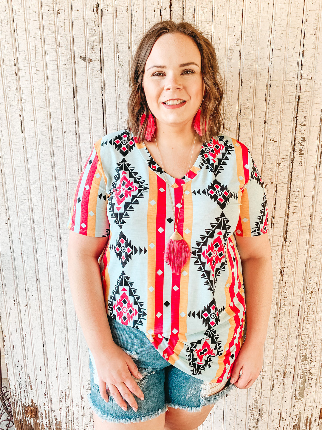 Last Chance Size Small | Keep Things Simple Striped Aztec Print V Neck Tee in Mint and Coral - Giddy Up Glamour Boutique