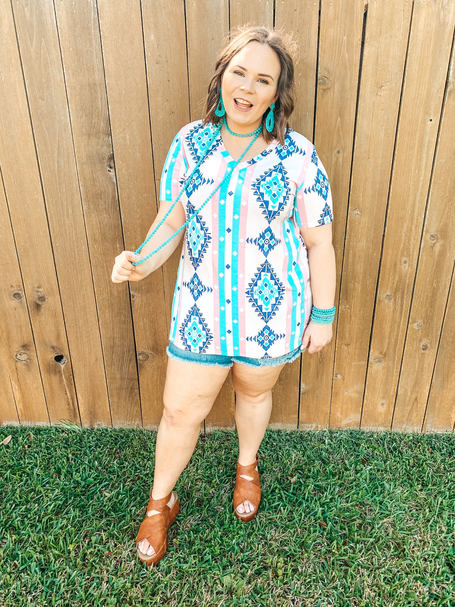 Keep Things Simple Striped Aztec Print V Neck Tee in Pink and Turquoise - Giddy Up Glamour Boutique