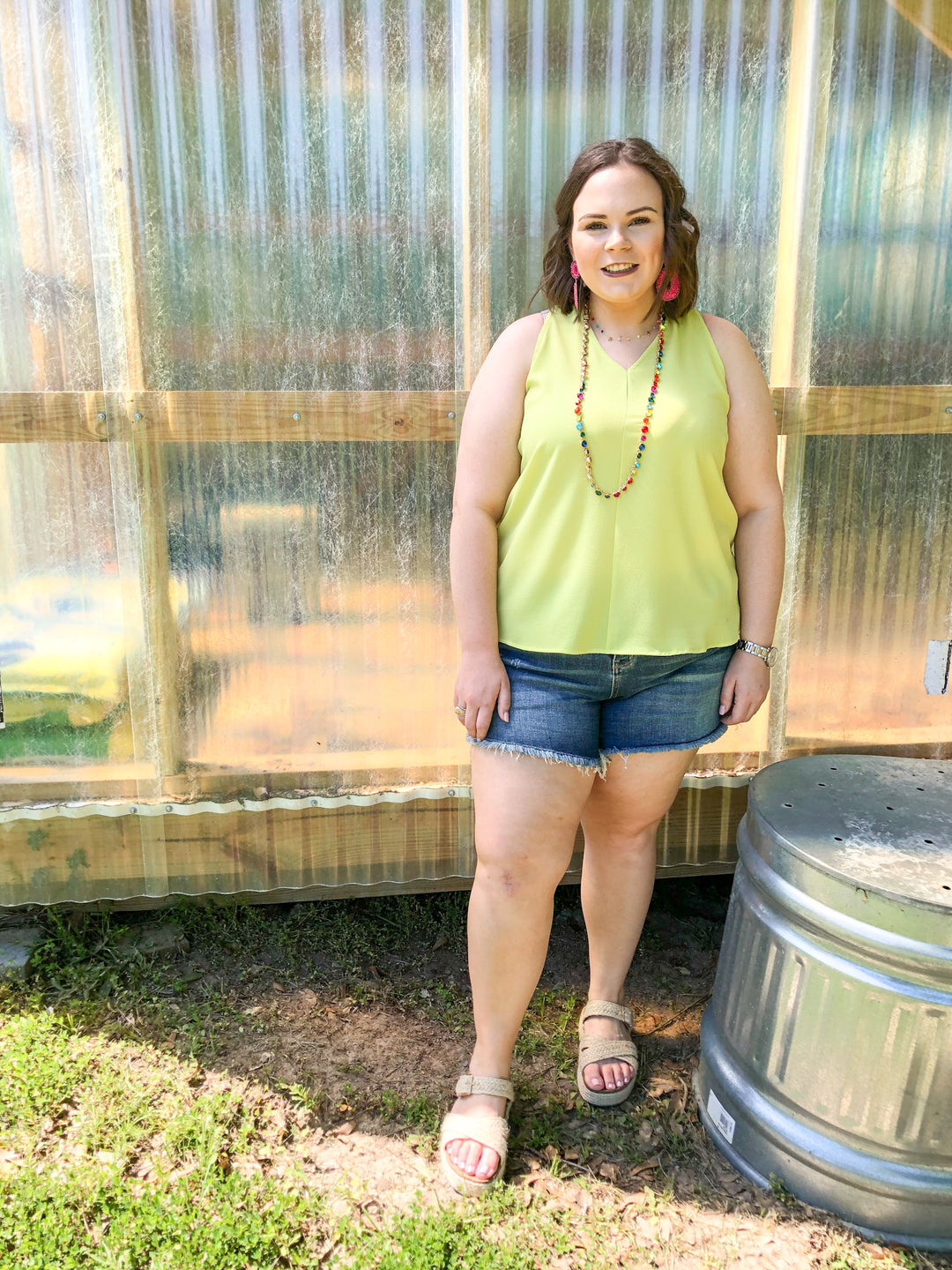 A Graceful Way V-Neck Tank Top with Ribbon in Lime Green - Giddy Up Glamour Boutique