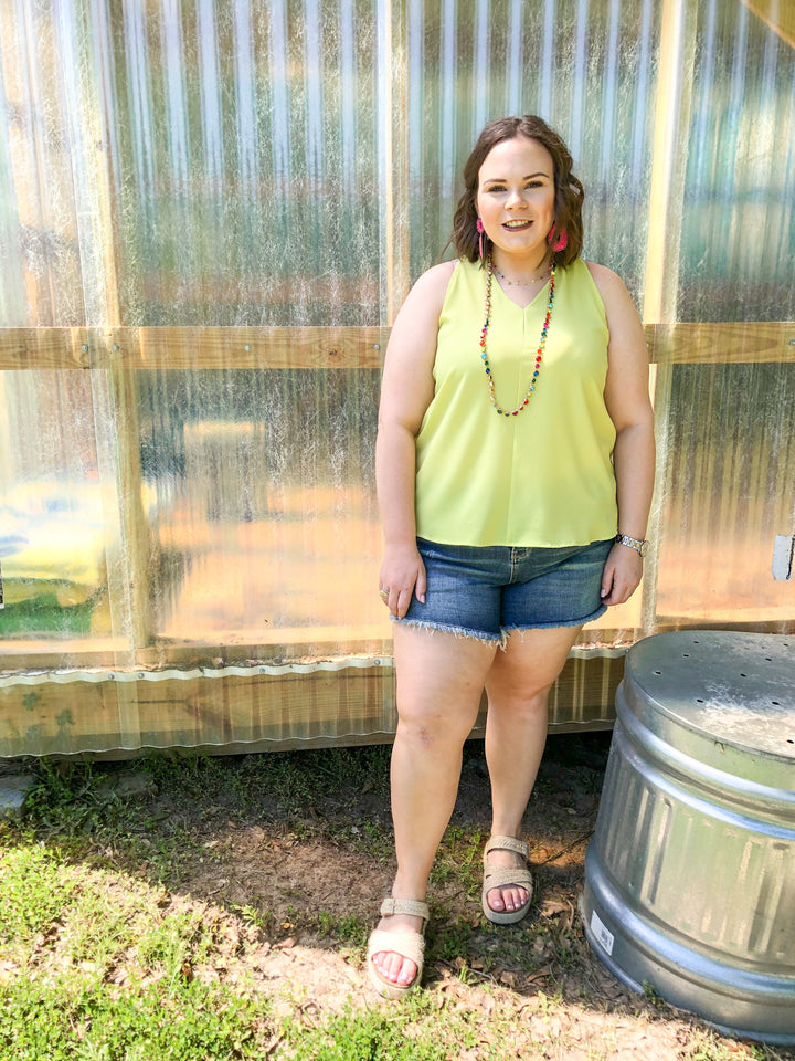 A Graceful Way V-Neck Tank Top with Ribbon in Lime Green - Giddy Up Glamour Boutique