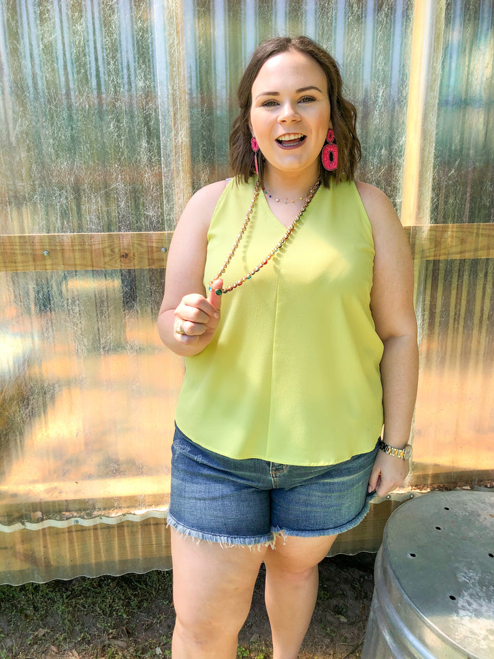 A Graceful Way V-Neck Tank Top with Ribbon in Lime Green - Giddy Up Glamour Boutique