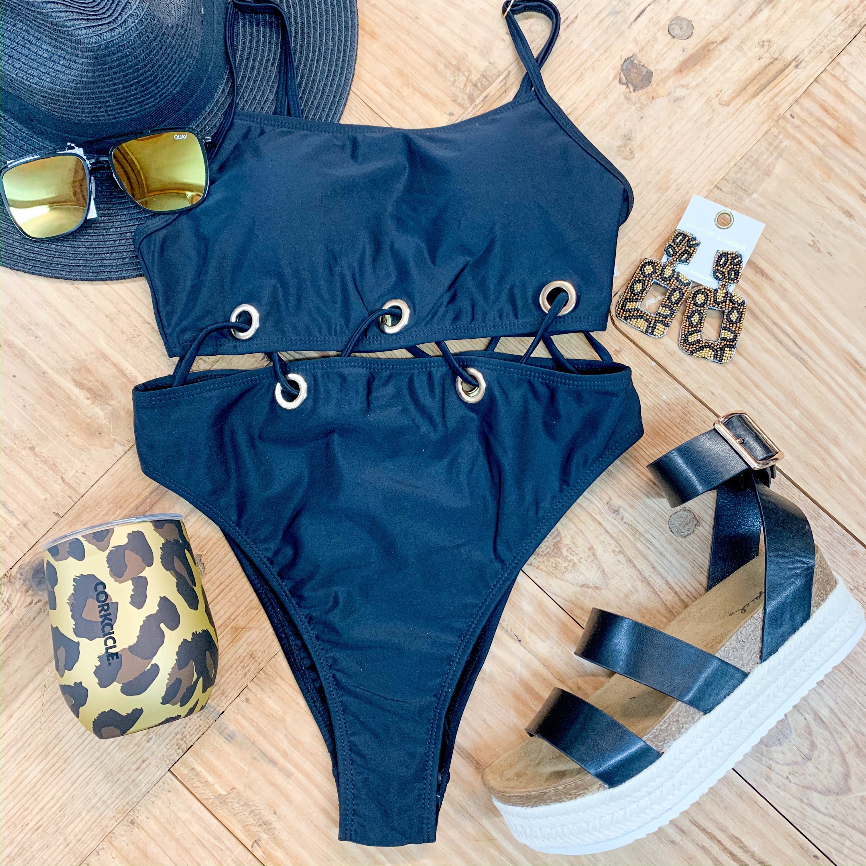 Sandy Days Criss Cross Attached One Piece Swimsuit in Black - Giddy Up Glamour Boutique