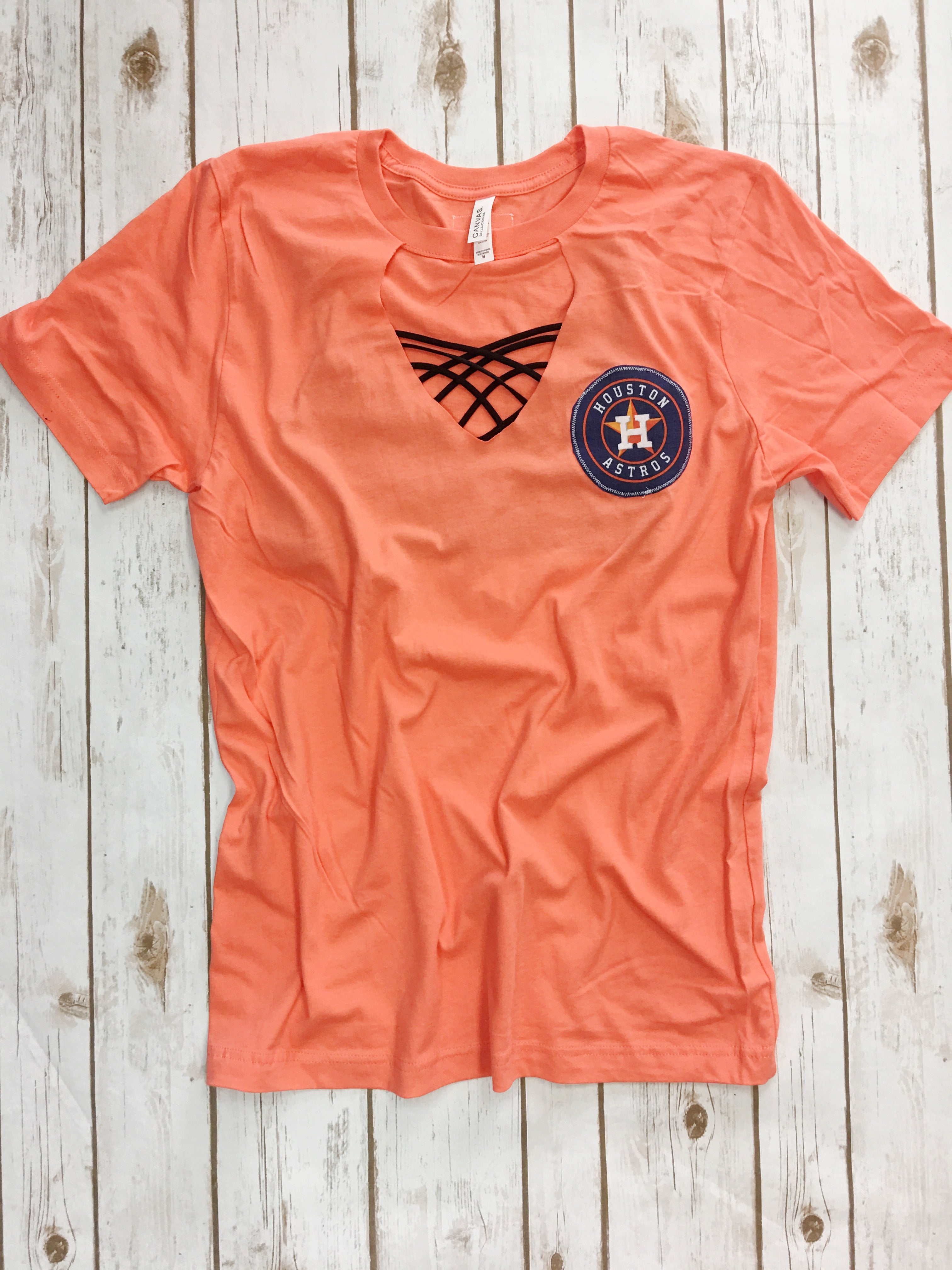 Last Chance Size 3XL | Go Astros Short Sleeve Tee in Orange with Keyhole - Giddy Up Glamour Boutique