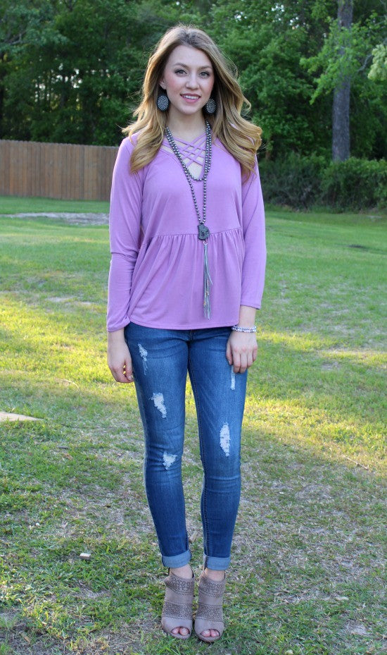 Last Chance Size Small & Medium | Softest Splendor Tiered Top with Caged Neckline in Lavender - Giddy Up Glamour Boutique