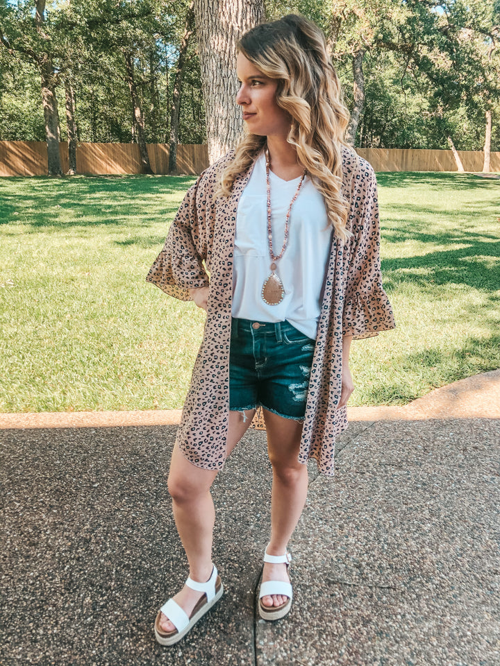 Wildly Loved Leopard Print Kimono with Ruffle Sleeves in Blush Pink - Giddy Up Glamour Boutique