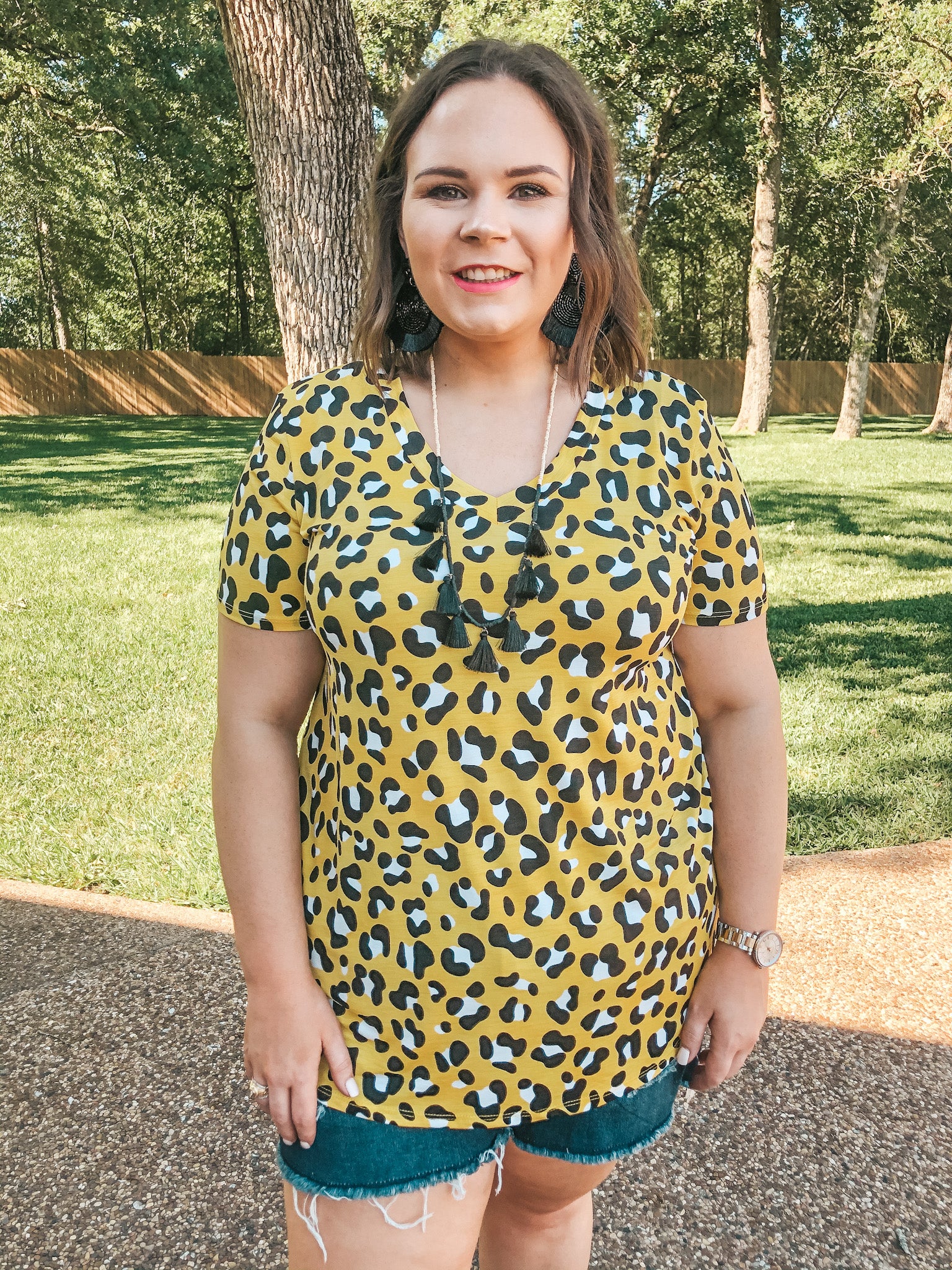 Last Chance Small | Keep Things Simple Leopard V Neck Tee in Yellow - Giddy Up Glamour Boutique