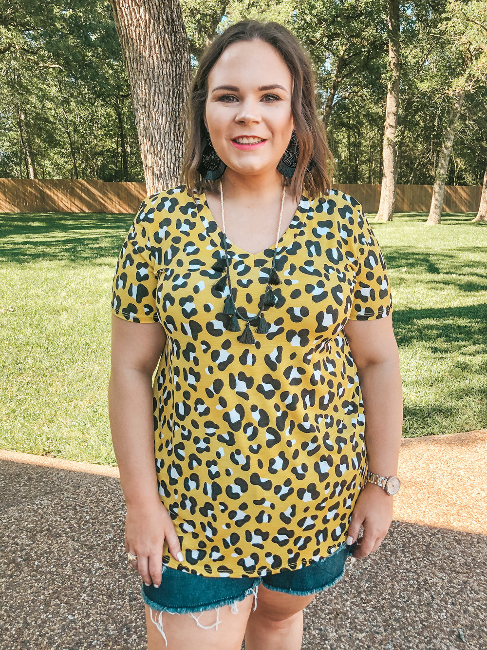 Last Chance Small | Keep Things Simple Leopard V Neck Tee in Yellow - Giddy Up Glamour Boutique