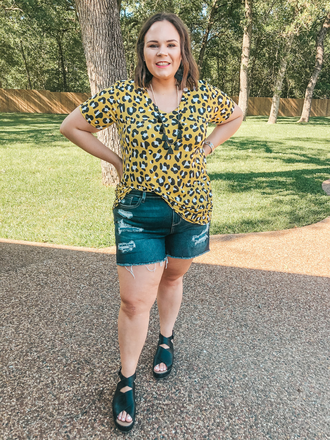 Last Chance Small | Keep Things Simple Leopard V Neck Tee in Yellow - Giddy Up Glamour Boutique