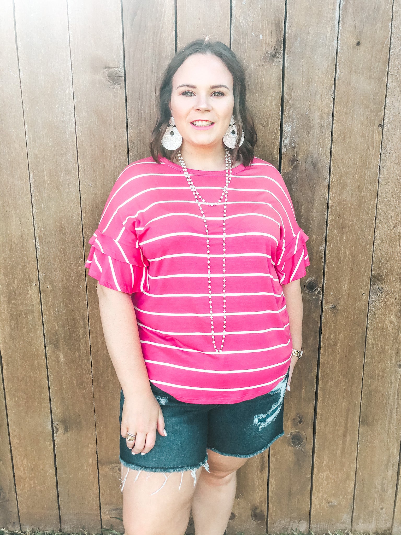 Set The Standard Short Sleeve with Ruffled Sleeves in Pink and Ivory Stripe - Giddy Up Glamour Boutique