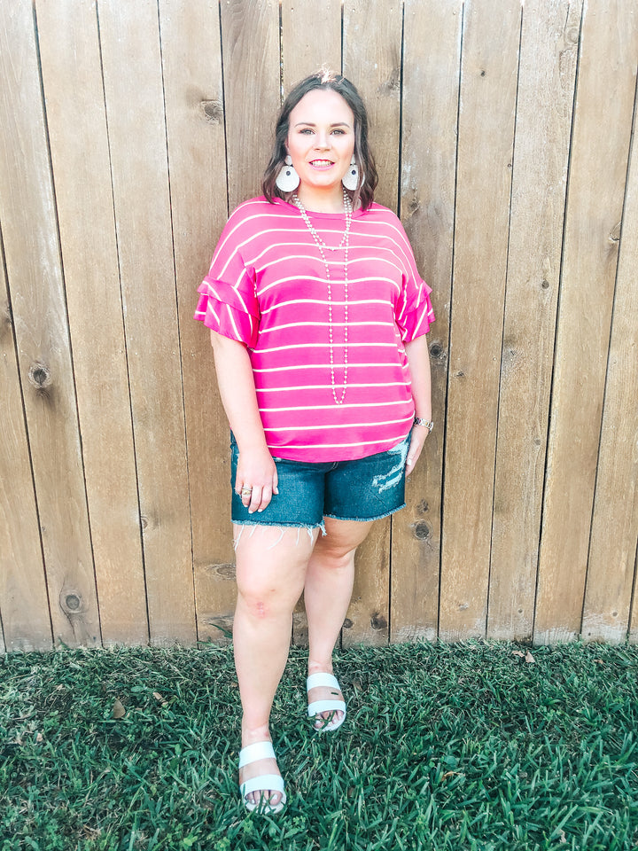 Set The Standard Short Sleeve with Ruffled Sleeves in Pink and Ivory Stripe - Giddy Up Glamour Boutique