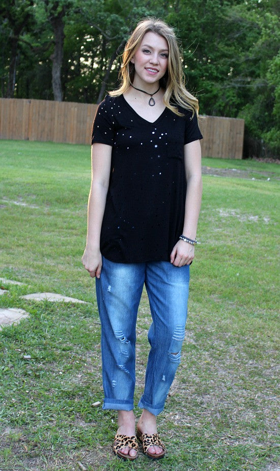 Last Chance Size Small | What Are You Waiting For Distressed V Neck Pocket Tee in Black - Giddy Up Glamour Boutique