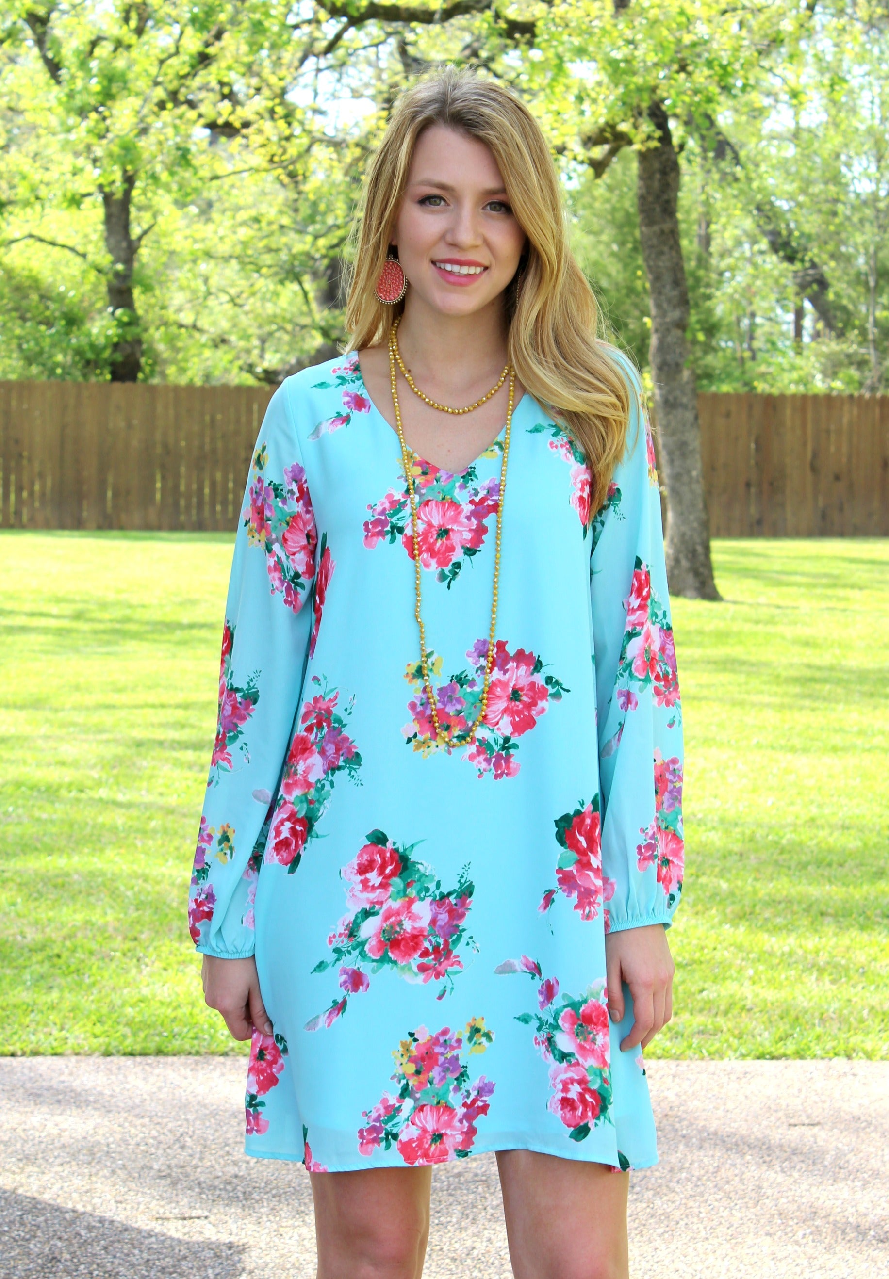 Last Chance Size Small | Mesmerized by Spring Floral Shift Dress in Turquoise - Giddy Up Glamour Boutique
