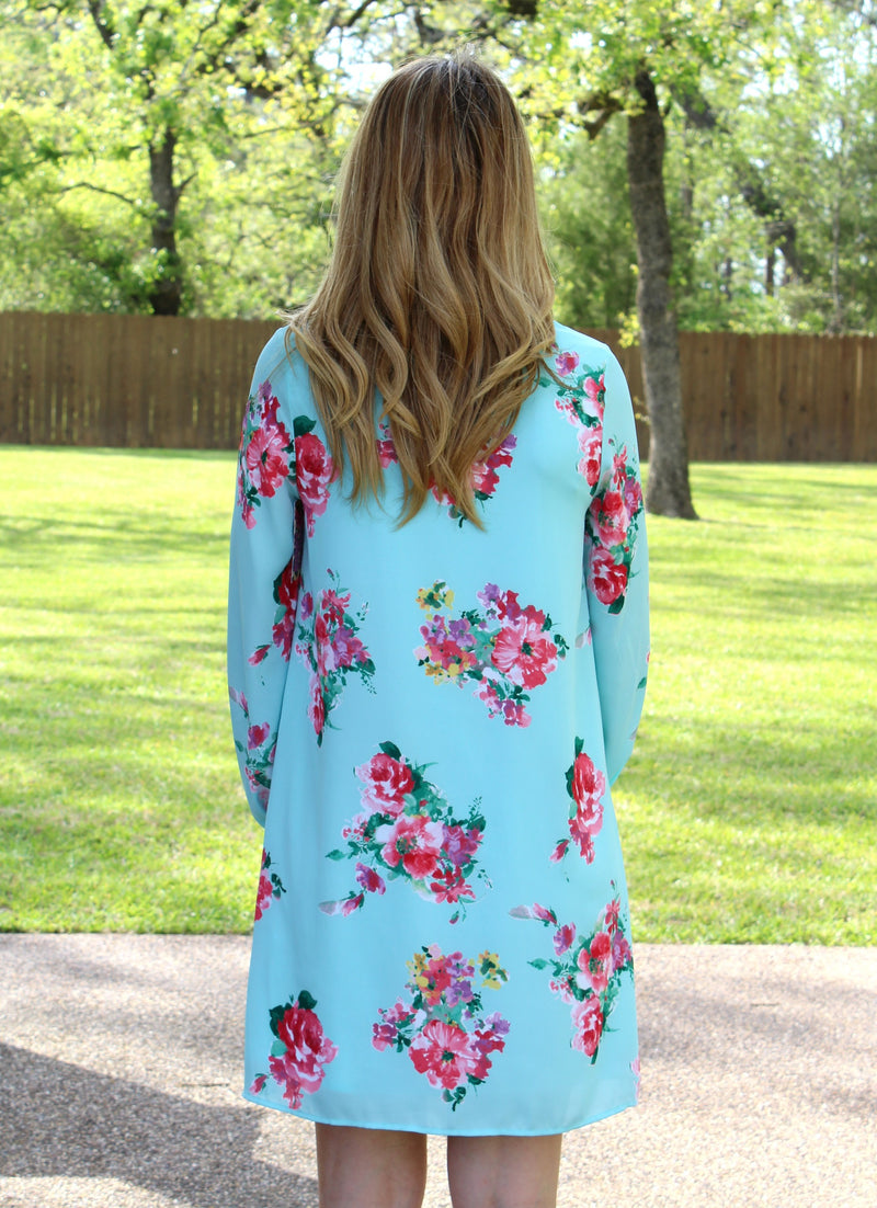 Last Chance Size Small | Mesmerized by Spring Floral Shift Dress in Turquoise
