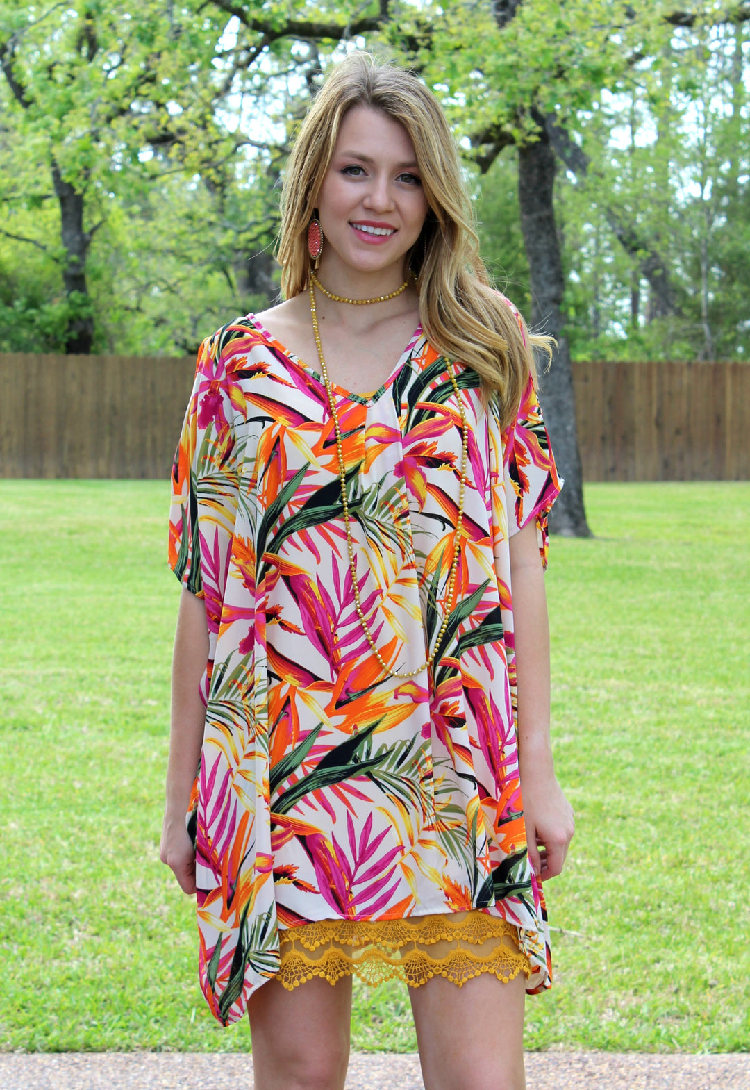 Pretty Little Thing Sheer Open Shoulder Tunic in Tropical Palm - Giddy Up Glamour Boutique