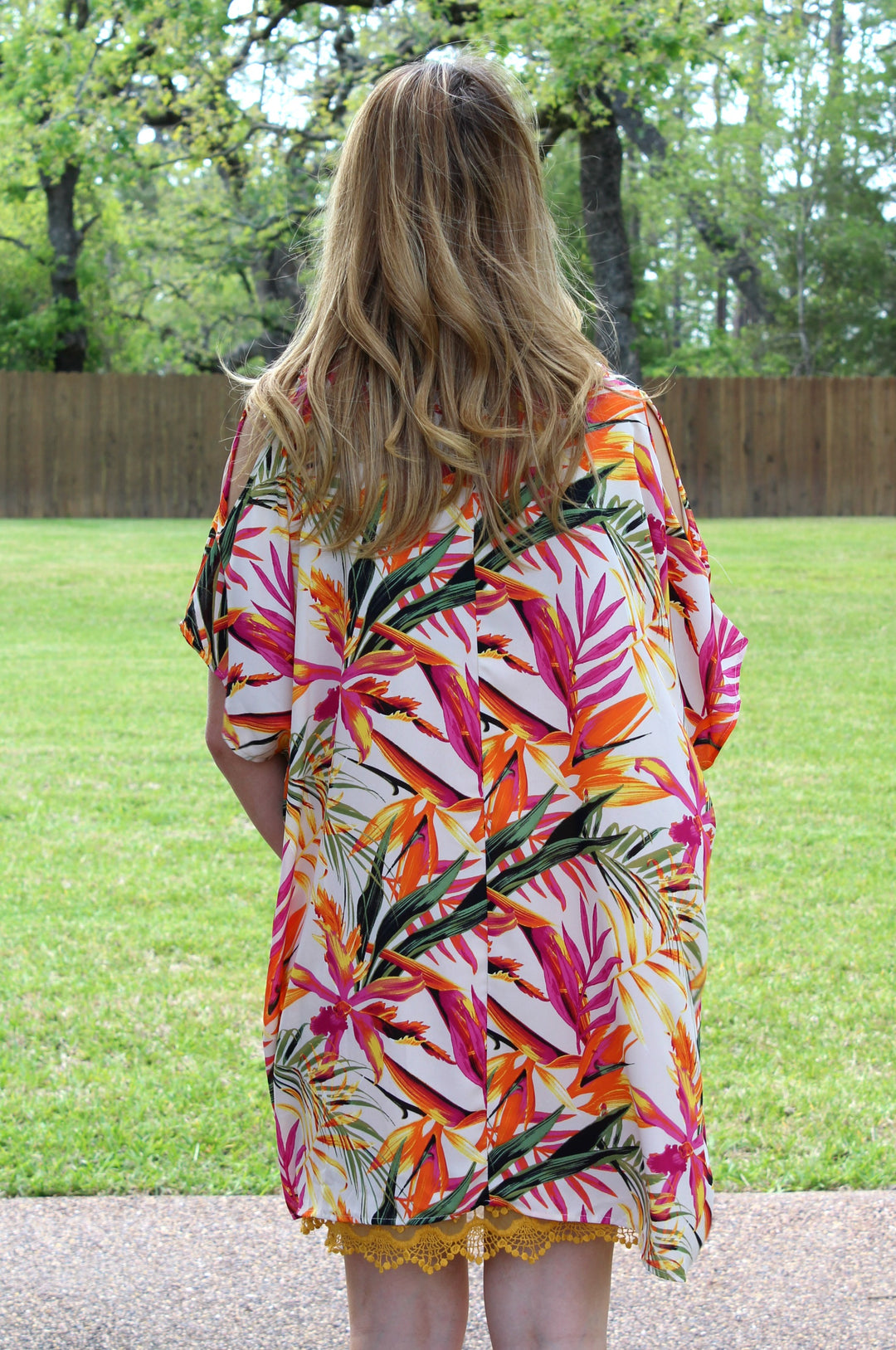 Pretty Little Thing Sheer Open Shoulder Tunic in Tropical Palm - Giddy Up Glamour Boutique