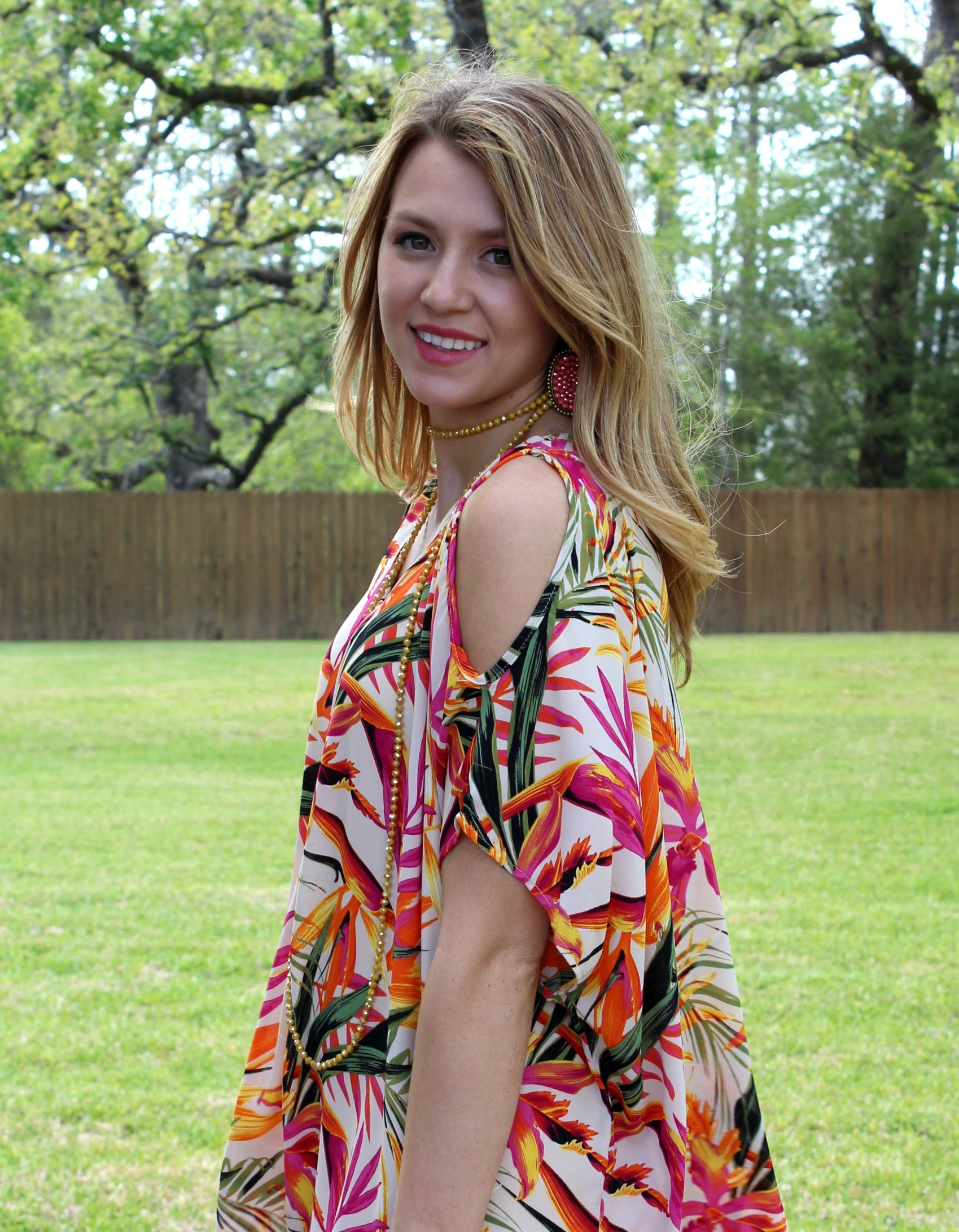 Pretty Little Thing Sheer Open Shoulder Tunic in Tropical Palm - Giddy Up Glamour Boutique