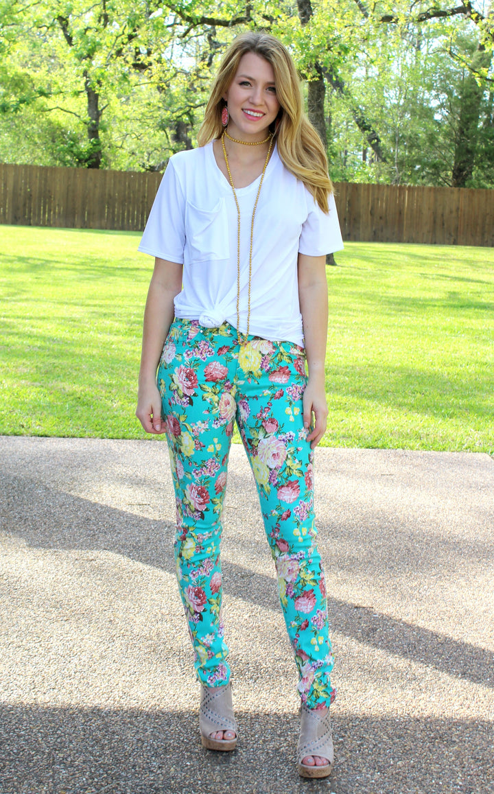 Last Chance Size 1 & 3 | In Full Bloom Floral Printed Pants in Mint - Giddy Up Glamour Boutique