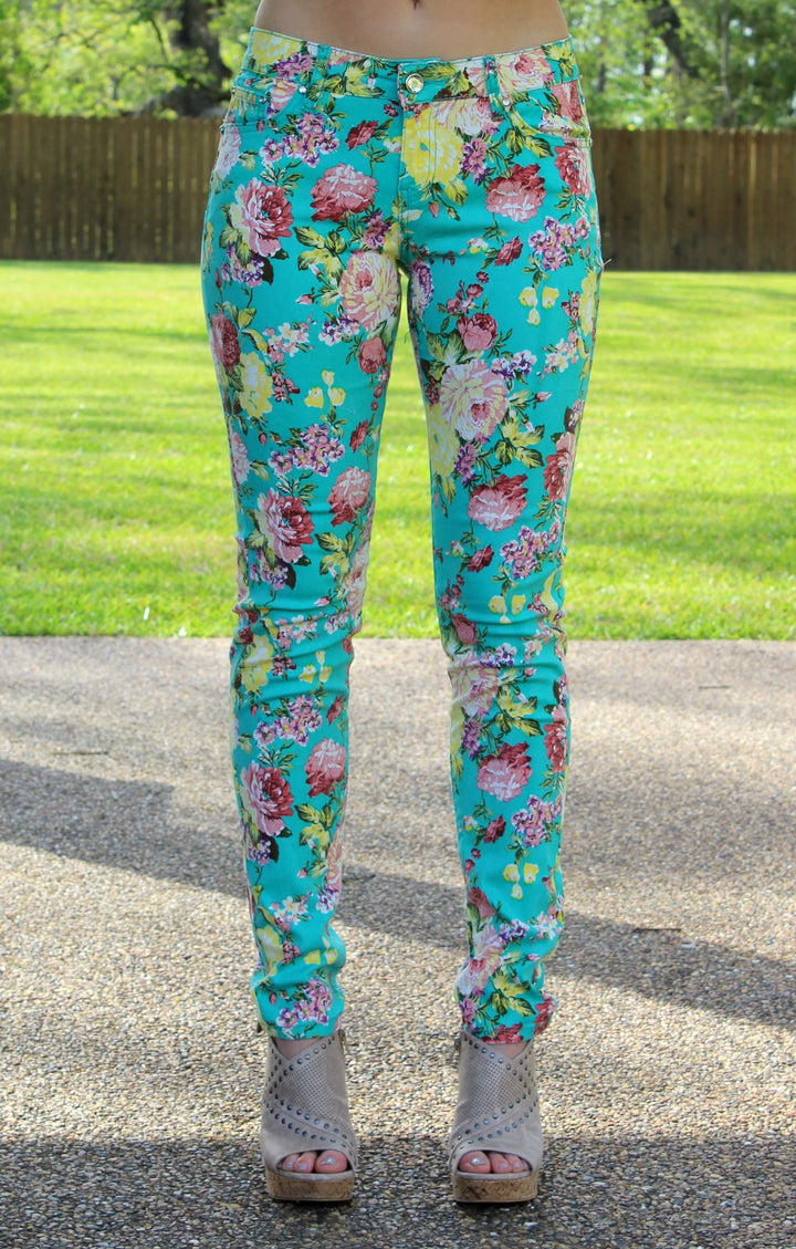Last Chance Size 1 & 3 | In Full Bloom Floral Printed Pants in Mint - Giddy Up Glamour Boutique