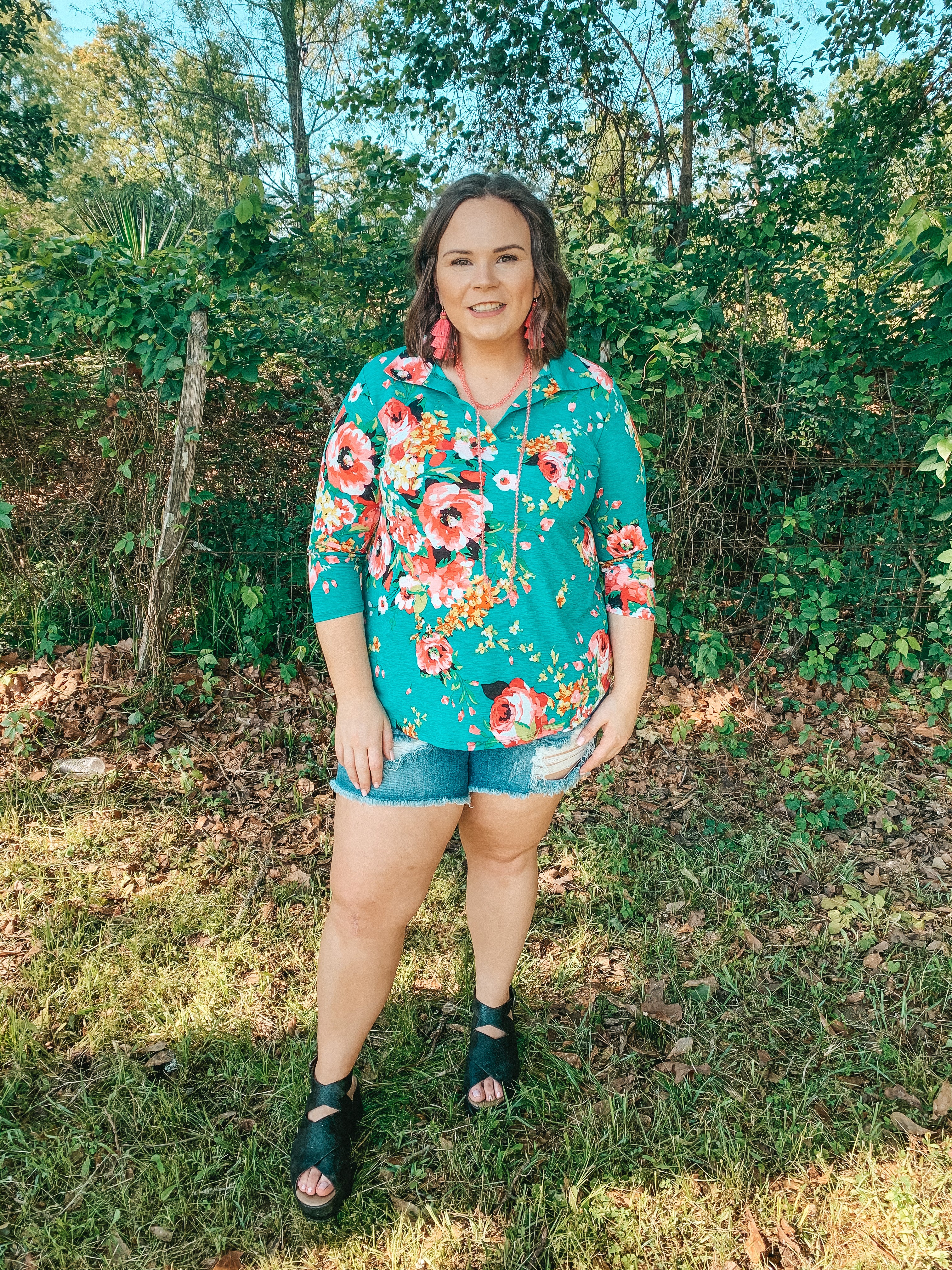 Last Chance Size S, M, & 3XL | Scenic Route Floral Collared Tunic Top in Teal - Giddy Up Glamour Boutique