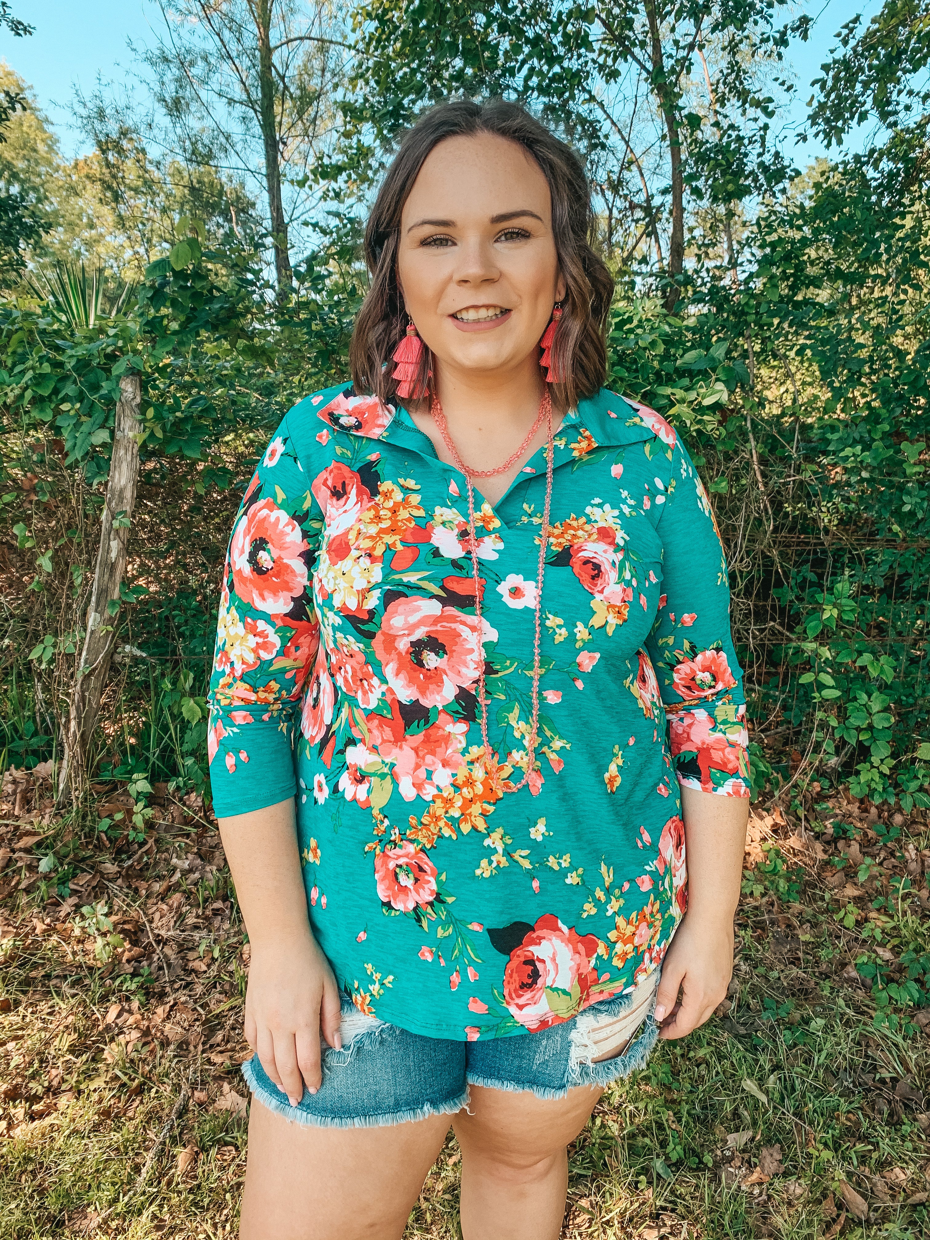 Last Chance Size S, M, & 3XL | Scenic Route Floral Collared Tunic Top in Teal - Giddy Up Glamour Boutique