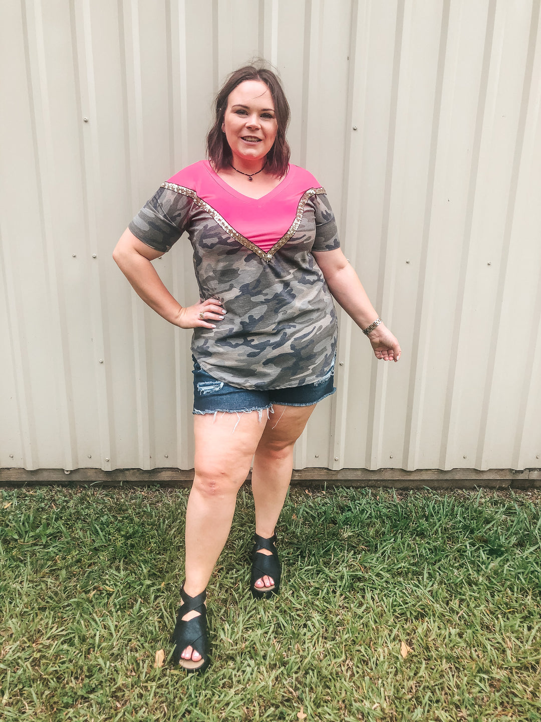 Keeping The Vibe V Neck Tee with Sequin Detailing in Camouflage and Fuchsia - Giddy Up Glamour Boutique