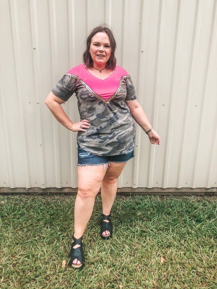 Keeping The Vibe V Neck Tee with Sequin Detailing in Camouflage and Fuchsia - Giddy Up Glamour Boutique