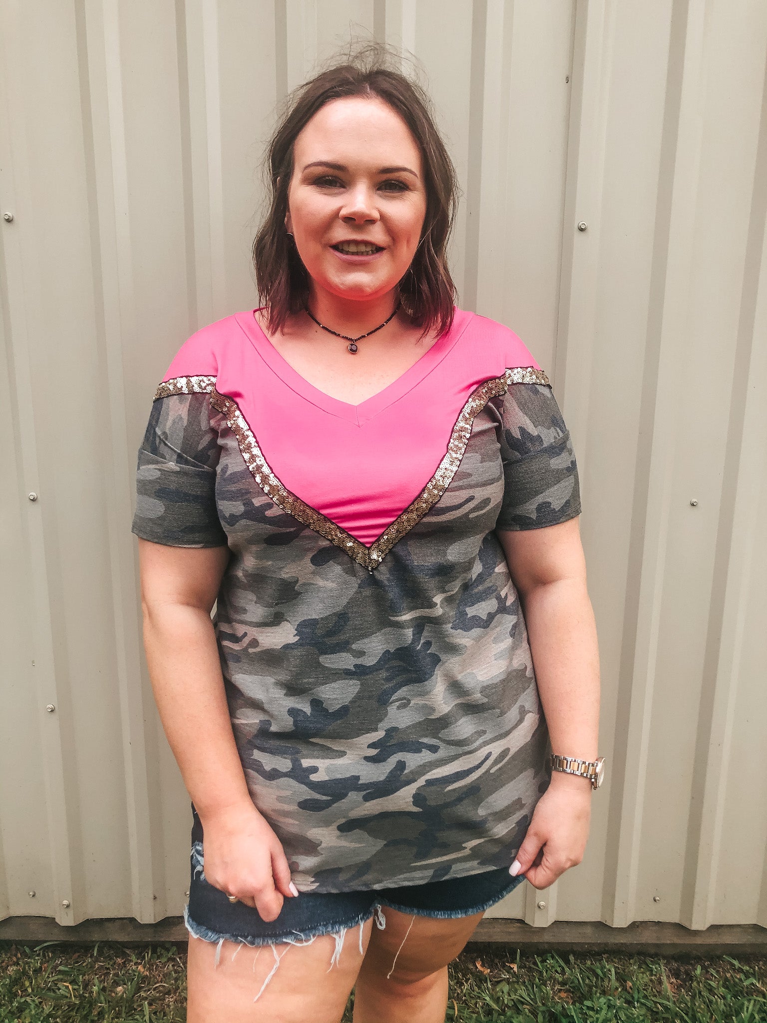 Keeping The Vibe V Neck Tee with Sequin Detailing in Camouflage and Fuchsia - Giddy Up Glamour Boutique