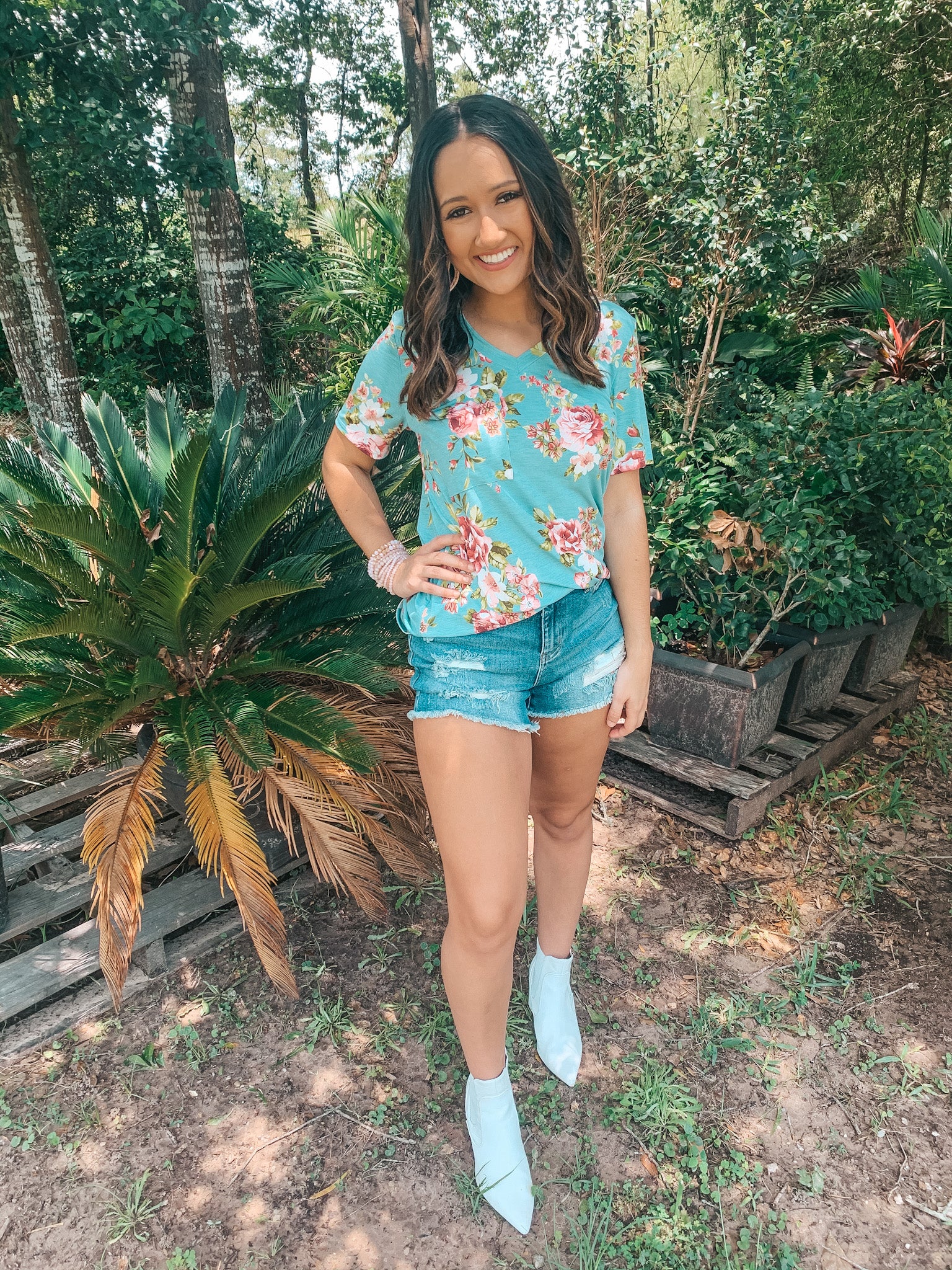 Last Chance Size Small & Medium | Just Right Short Sleeve Floral Print Pocket Tee in Dusty Teal Blue - Giddy Up Glamour Boutique