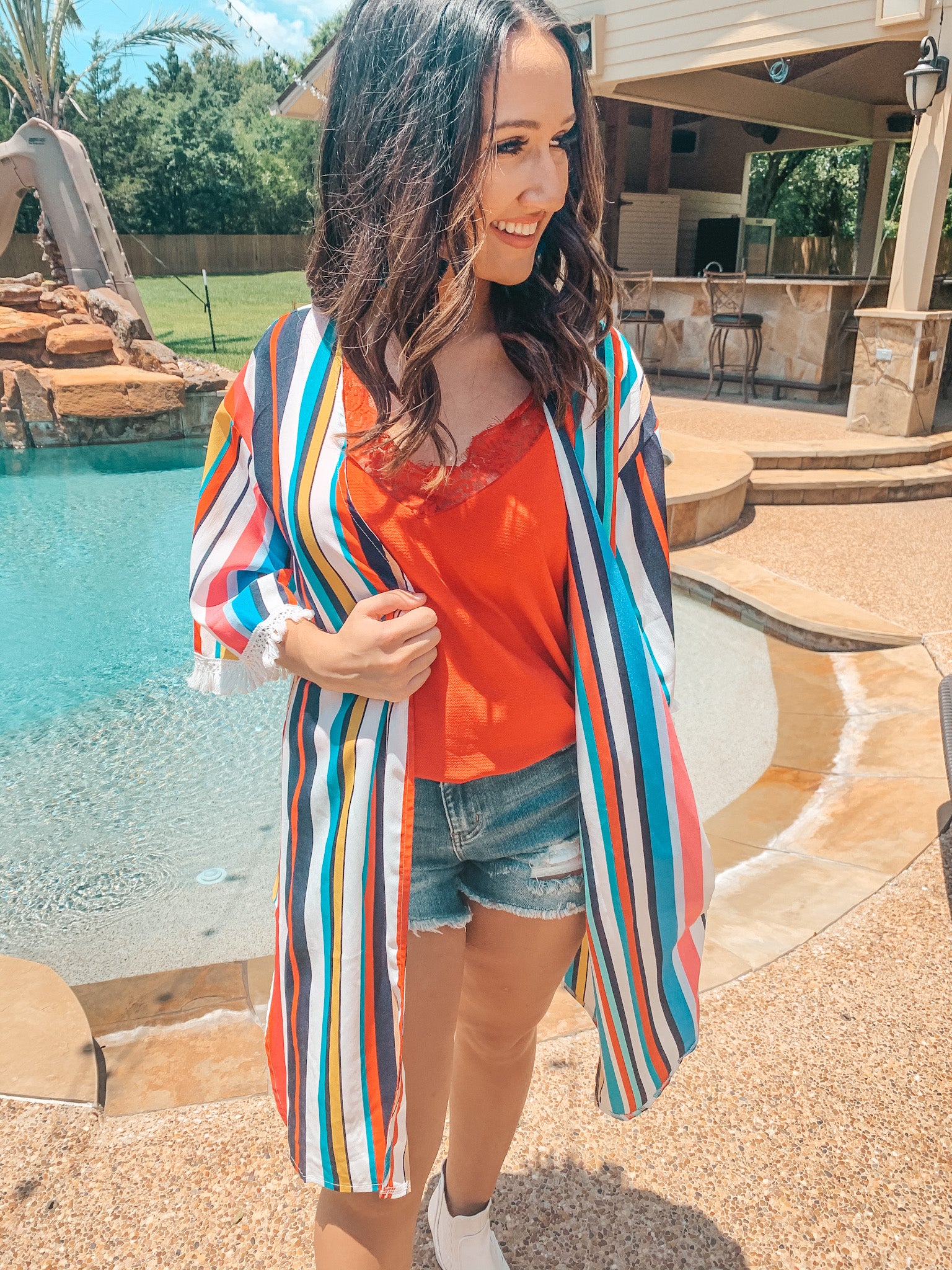 Last Chance Size S/M & M/L | Lost In You Striped Kimono with Fringe Trim Sleeves in Navy and Red - Giddy Up Glamour Boutique