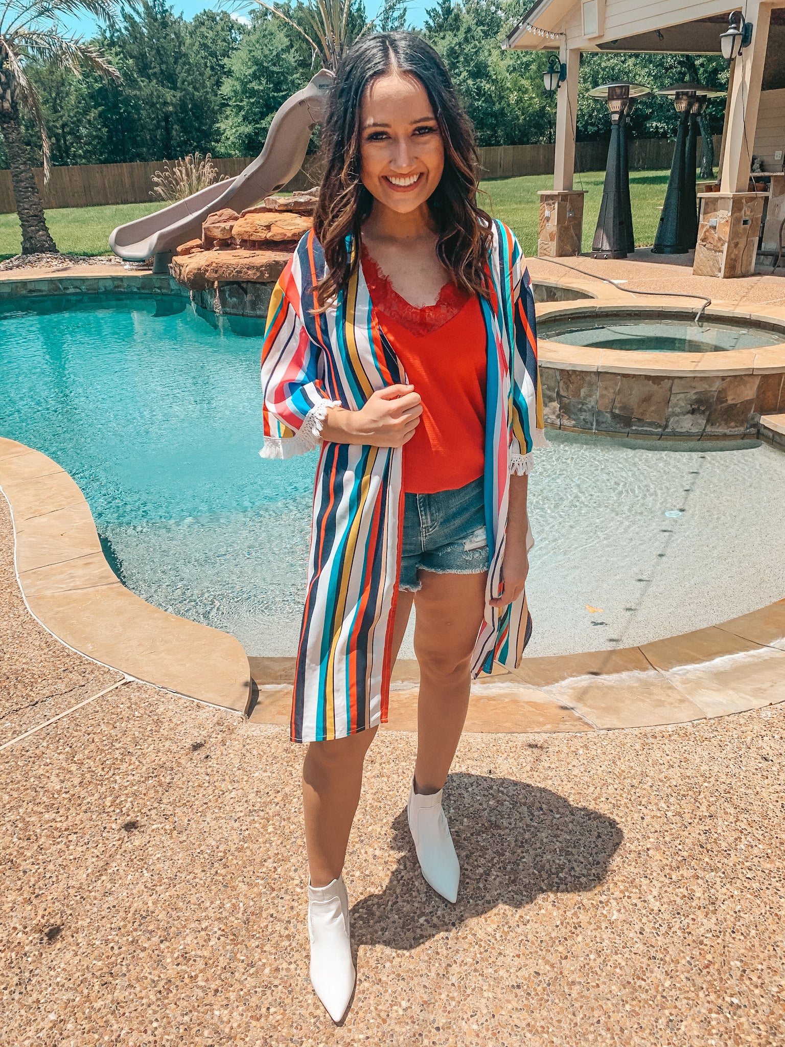 Last Chance Size S/M & M/L | Lost In You Striped Kimono with Fringe Trim Sleeves in Navy and Red - Giddy Up Glamour Boutique
