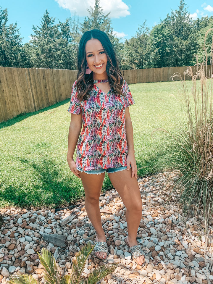 She's So Sneaky Snakeskin Top with Keyhole in Magenta Multi - Giddy Up Glamour Boutique