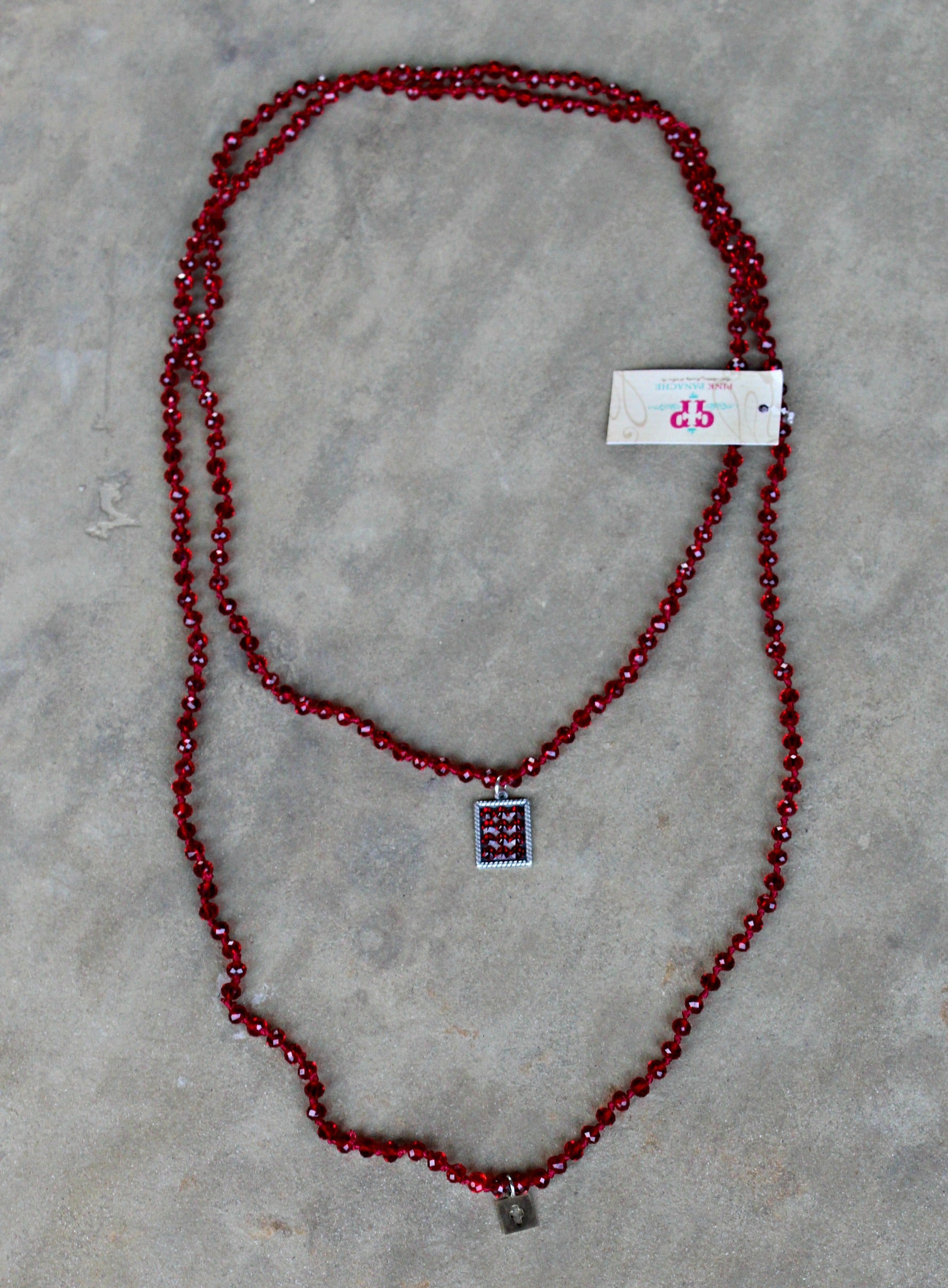 Pink Panache Long Red Crystal Necklace with Silver Rectangle in Red Crystals - Giddy Up Glamour Boutique